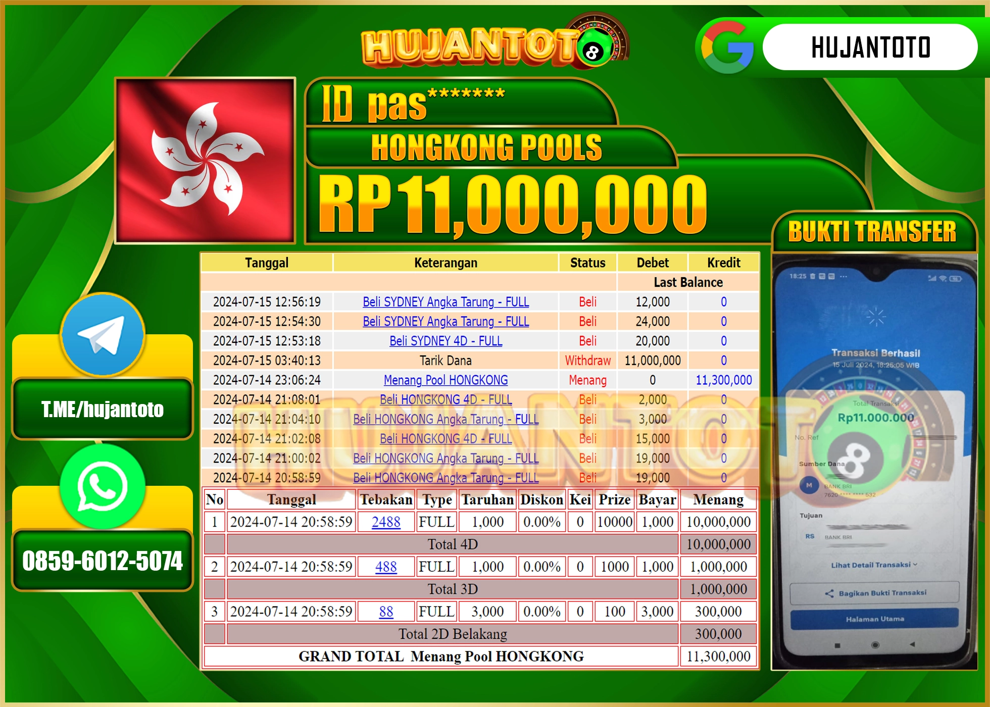 HUJANTOTO MENANG  TOGEL HONGKONG POOLS 11.000.000 - LUNAS 