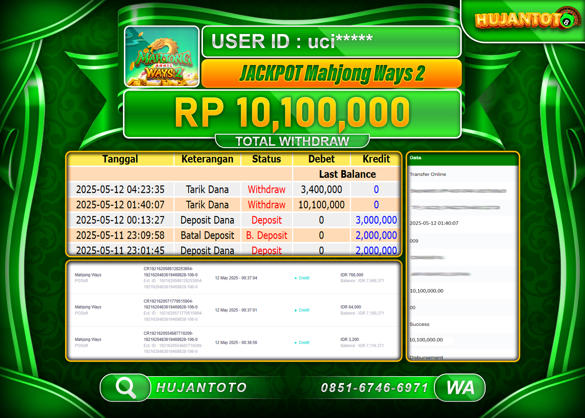 HUJANTOTO - BUKTI JACKPOT MENANG SLOT DI MAHJONG WAYS 2  Rp,10,100,000- TERBAYAR LUNAS