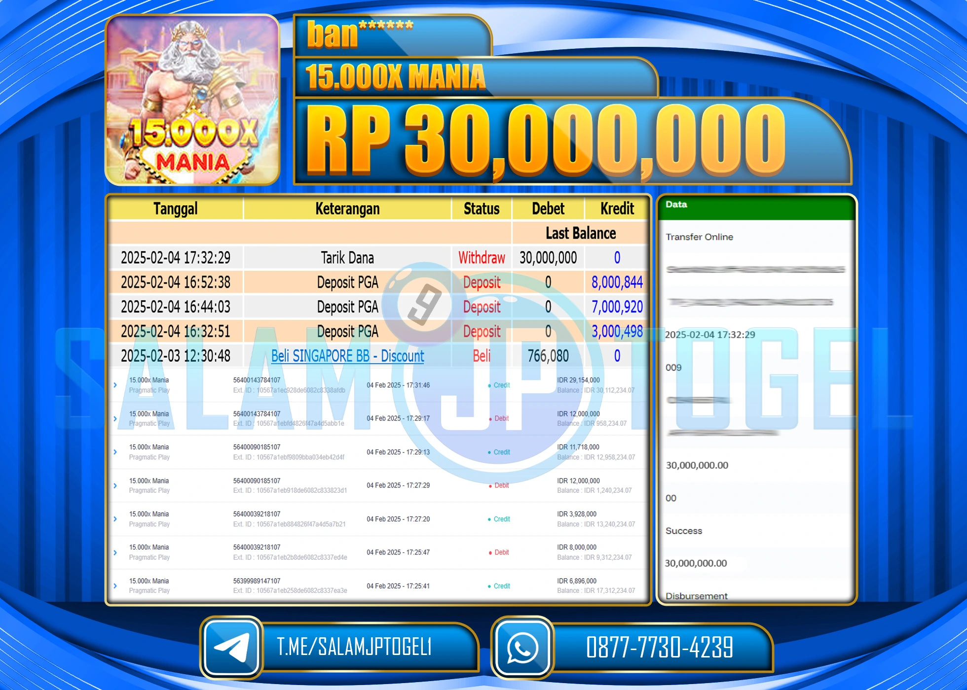 SALAMJPTOGEL MENANG SLOT 15.000x MANIA  Rp.30,000,000 LUNAS
