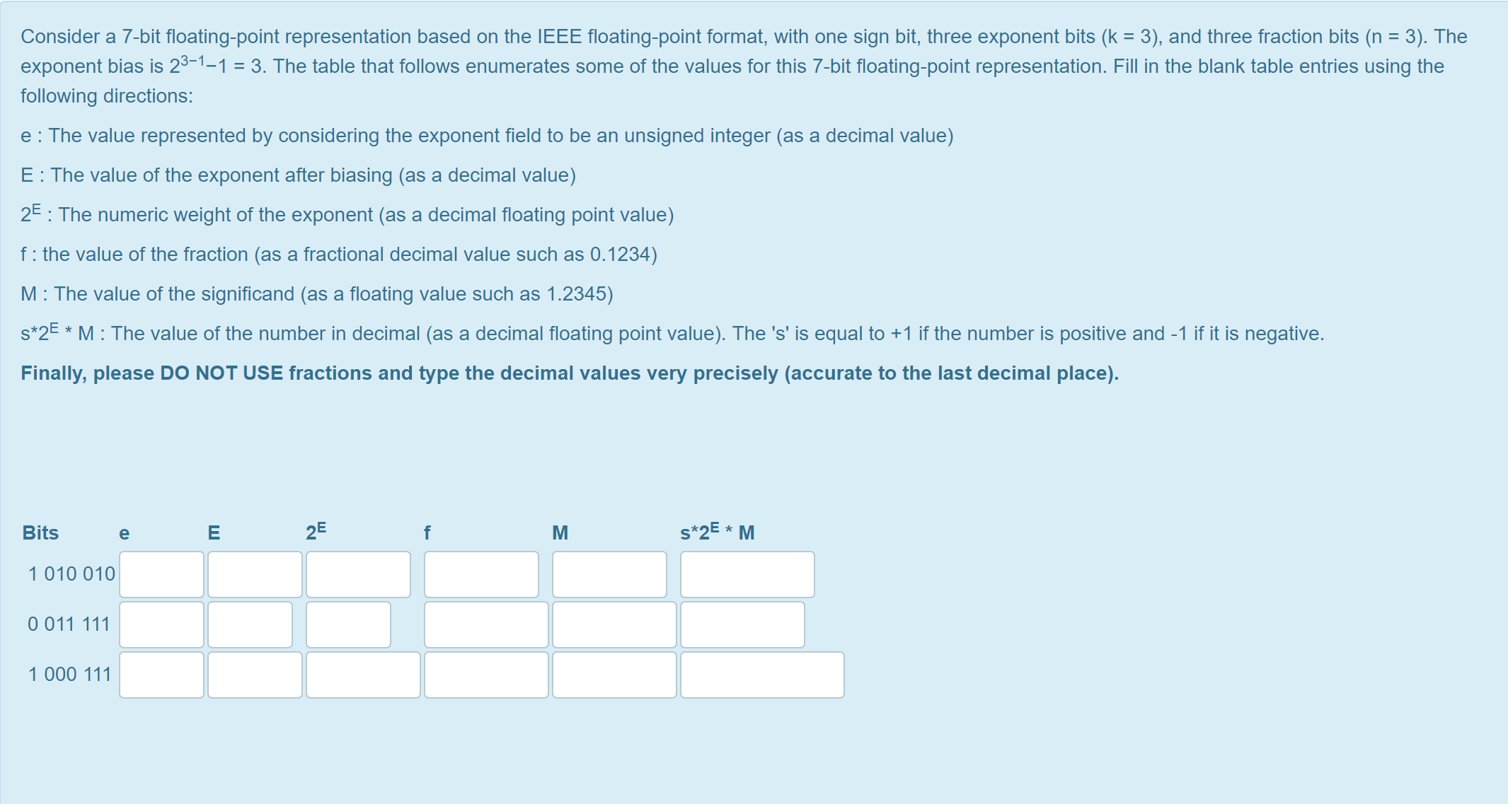 Solved Consider A 7 Bit Floating Point Representation Based Chegg Solved Consider A 7 Bit Floating Point Representation Based Chegg