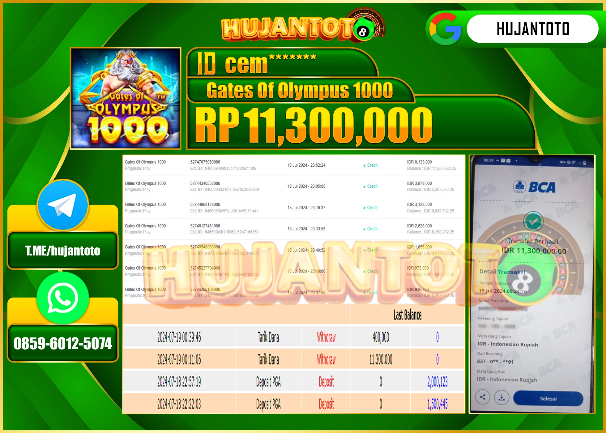 HUJANTOTO MENANG SLOT GATES OF OLMYPUS 1000  11.300.000 - LUNAS 