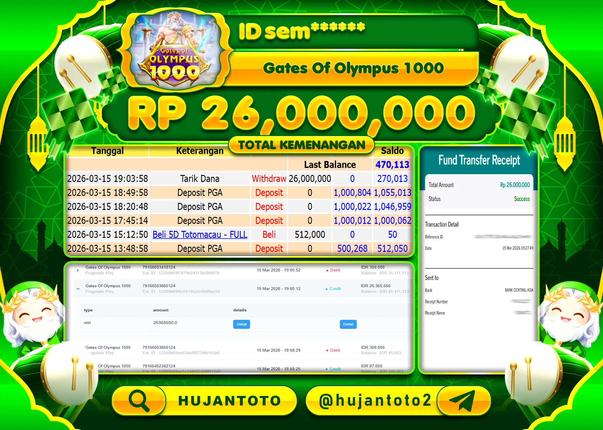 HUJANTOTO - BUKTI JACKPOT MENANG SLOT GATES OF OLYMPUS 1000 Rp.26,000,000 - TERBAYAR LUNAS