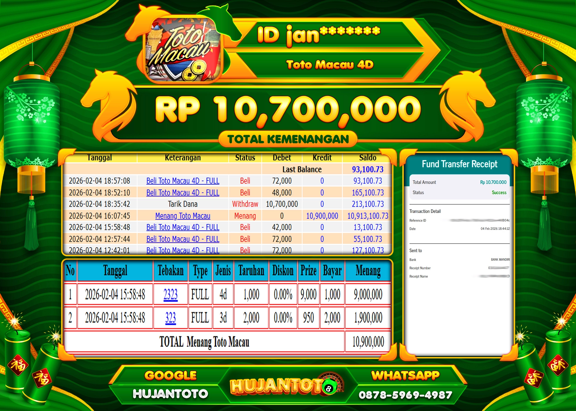 HUJANTOTO - BUKTI JACKPOT MENANG TOGEL TOTO MACAU 4D Rp.10,700,000 - TERBAYAR LUNAS