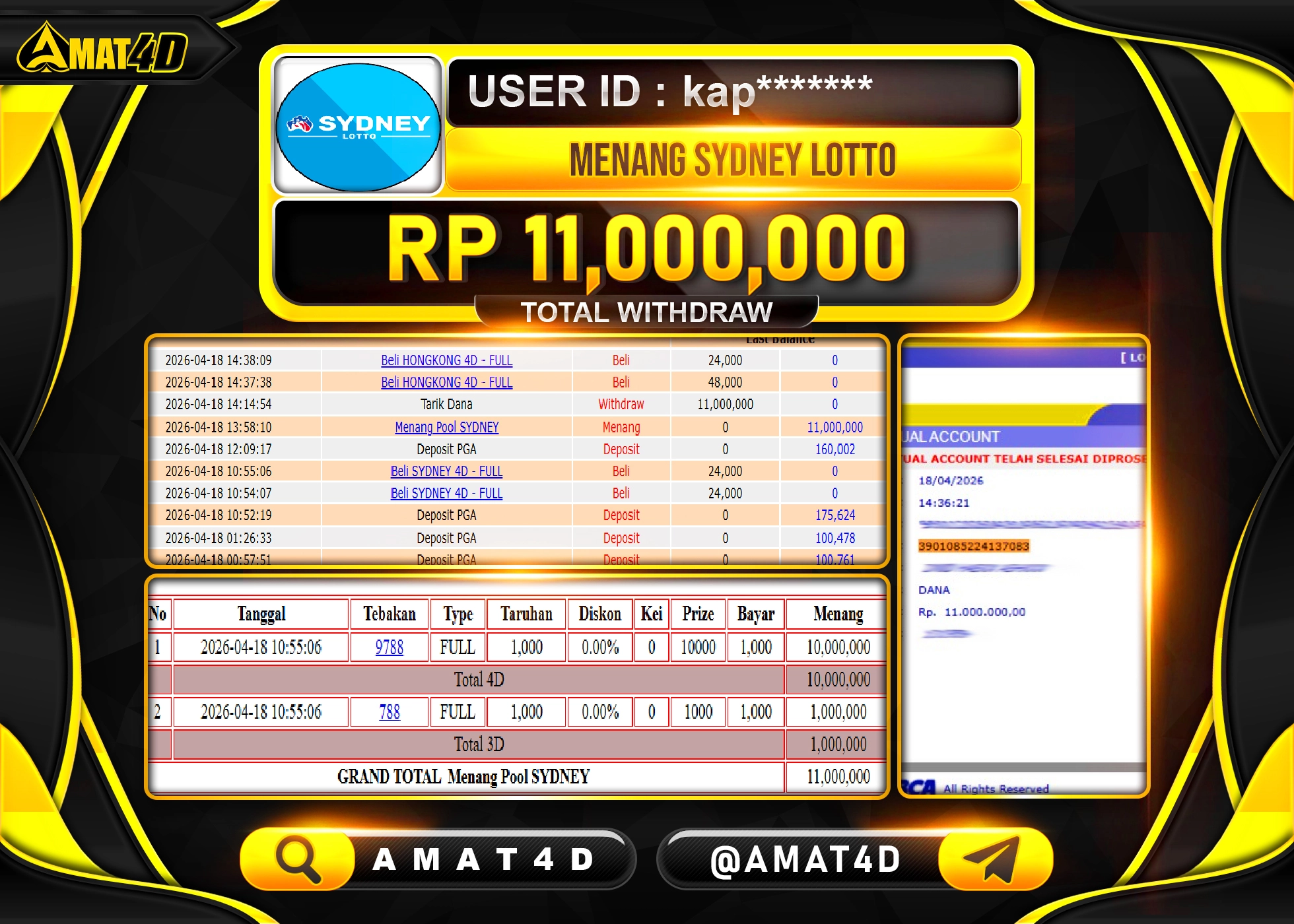 AMAT4D KEMENANGAN MENANG DI SYDNEY LOTTO  Rp.11,000,000 BERHASIL TERBAYAR LUNAS