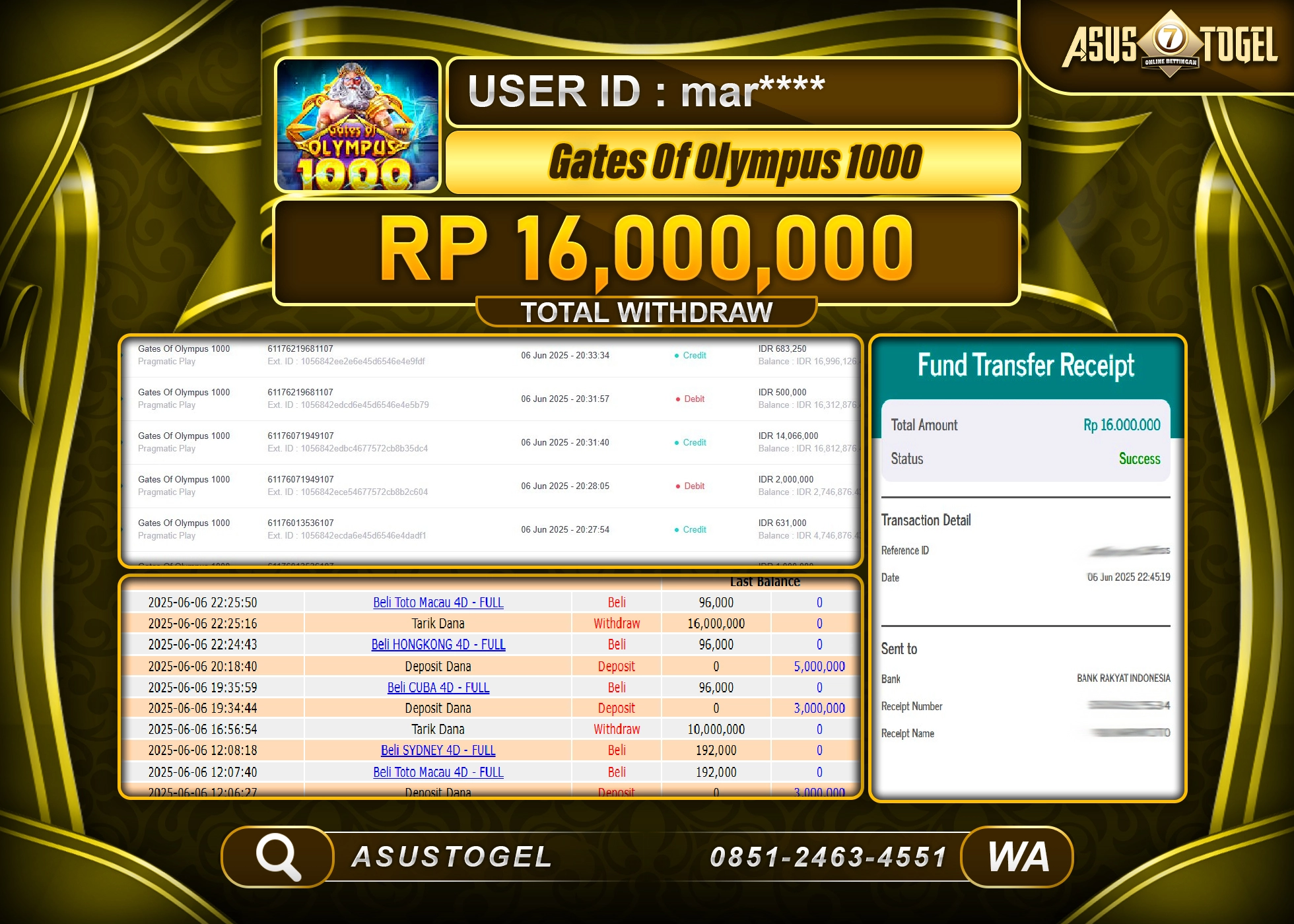 ASUSTOGEL KEMENANGAN DI SLOT GATES OF OLYMPUS 1000 SEBESAR 16,000,000- RUPIAH LUNAS