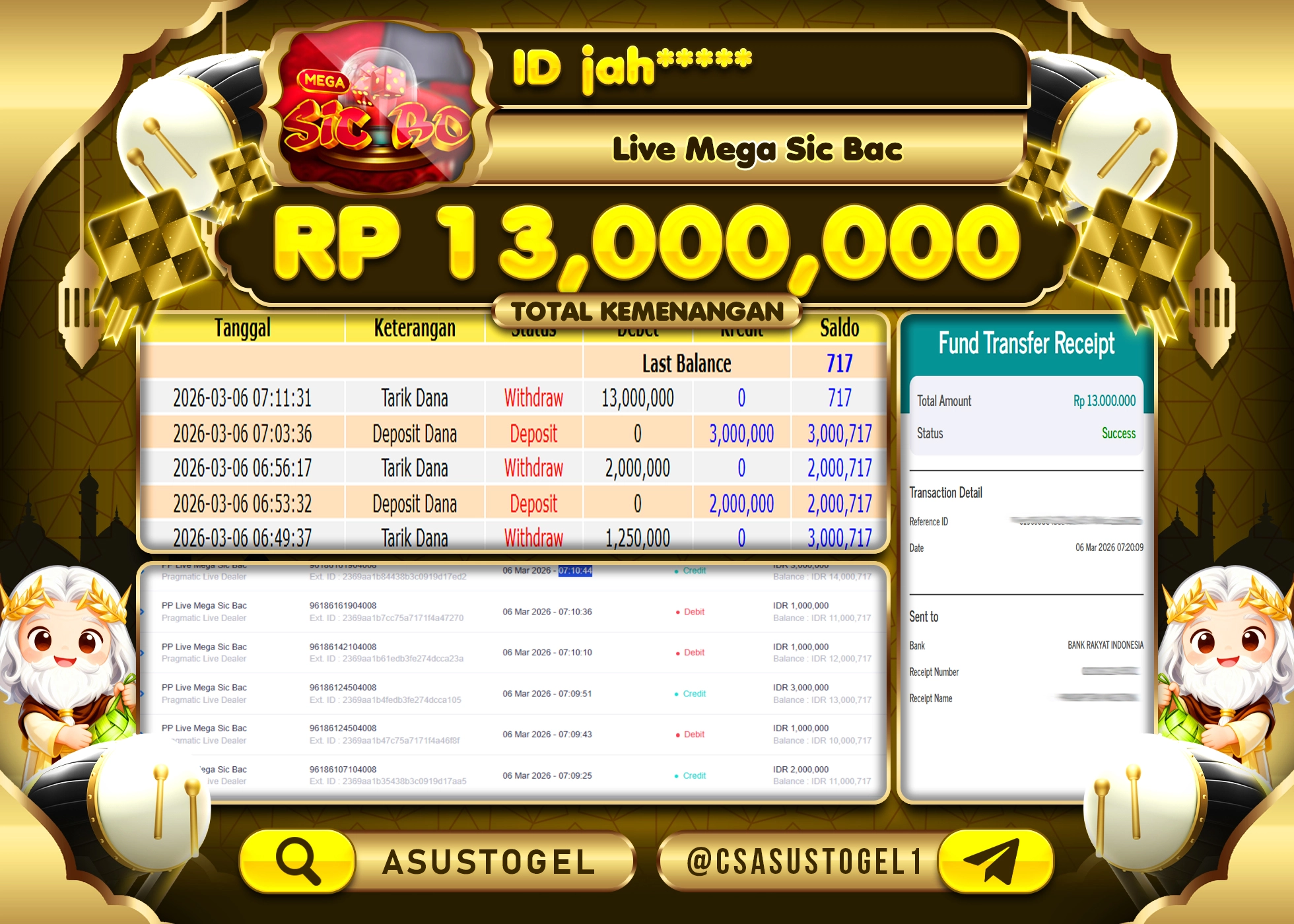 ASUSTOGEL KEMENANGAN DI LIVE GAMES MEGA SICBAC SEBESAR 13,000,000 - RUPIAH LUNAS