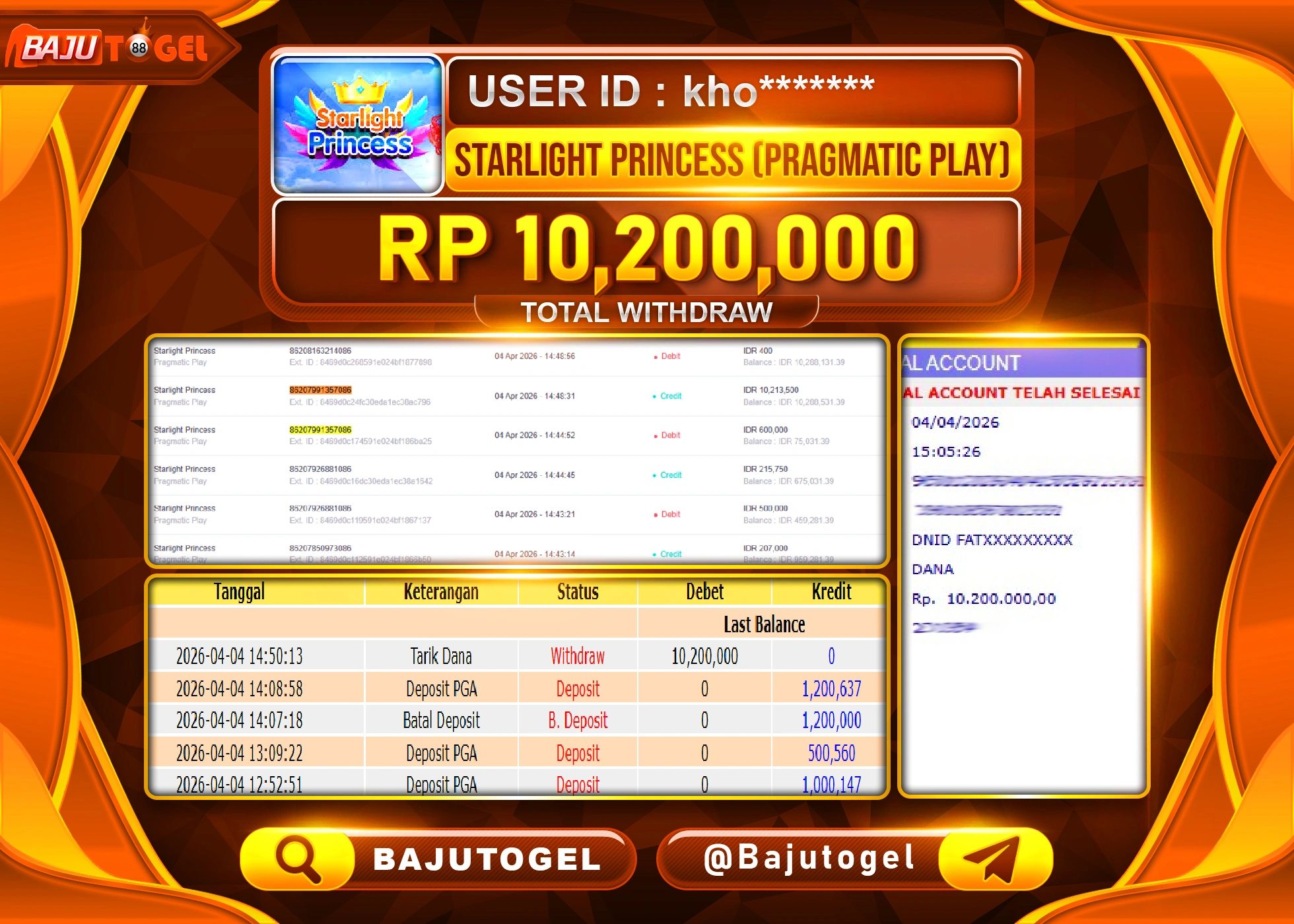 BAJUTOGEL KEMENANGAN DI STARLIGHT PRINCESS PP Rp.10,200,000 LUNAS
