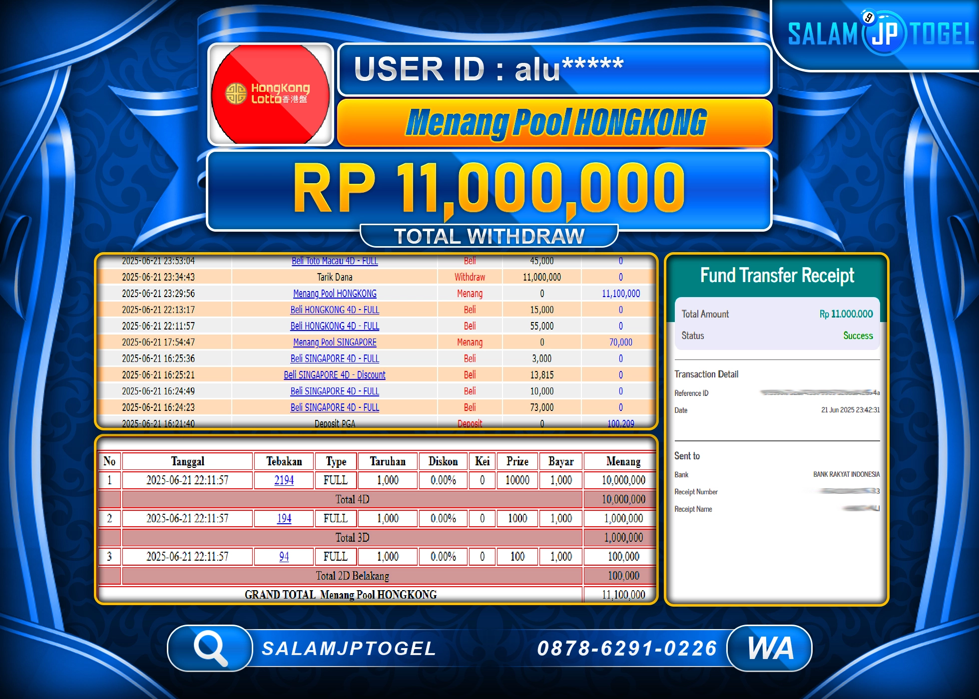 SALAMJPTOGEL MENANG HONGKONG Rp.11,000,000 LUNAS