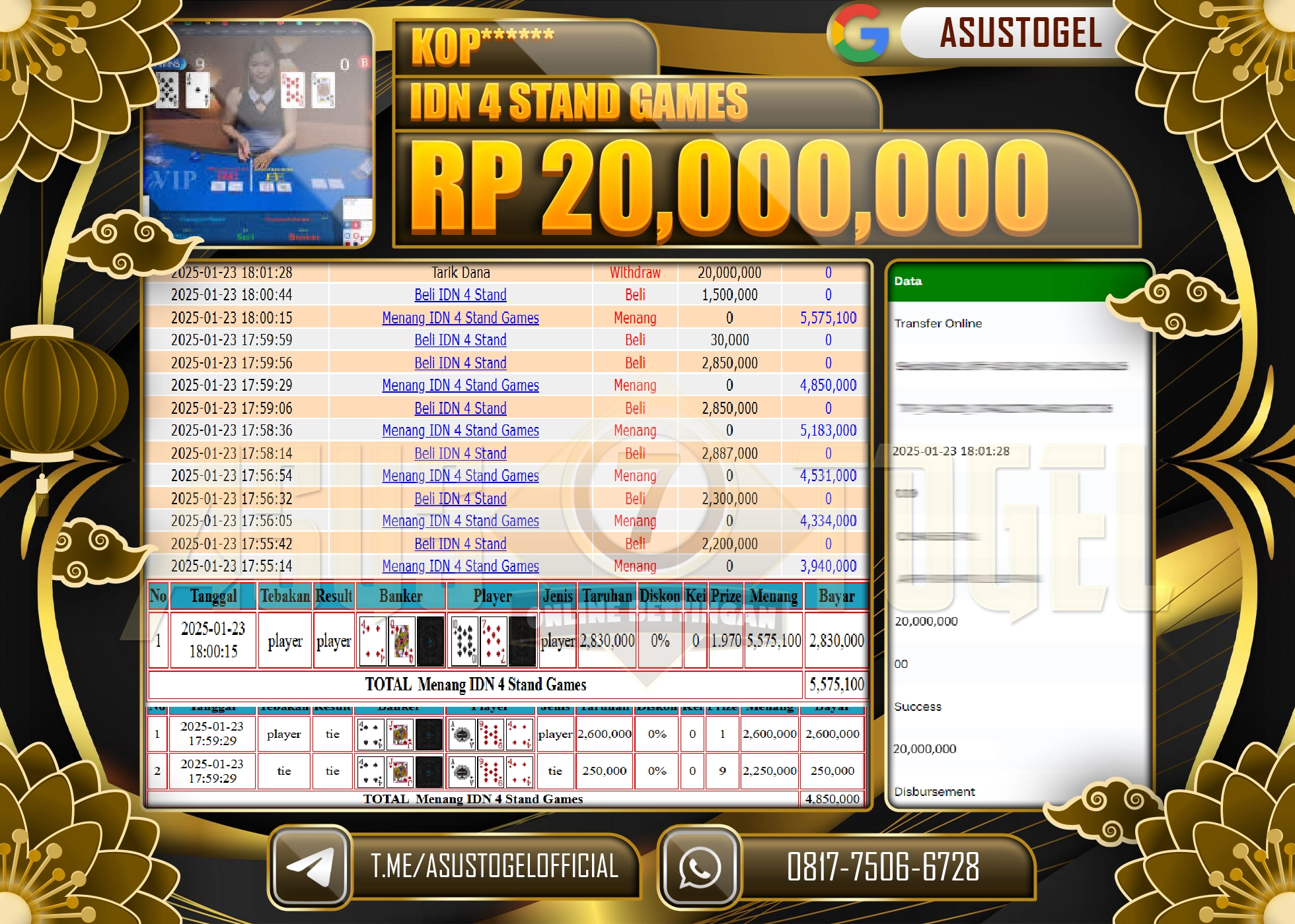 ASUSTOGEL KEMENANGAN DI IDN 4 STAND GAMES SEBESAR 20,000.000- RUPIAH LUNAS