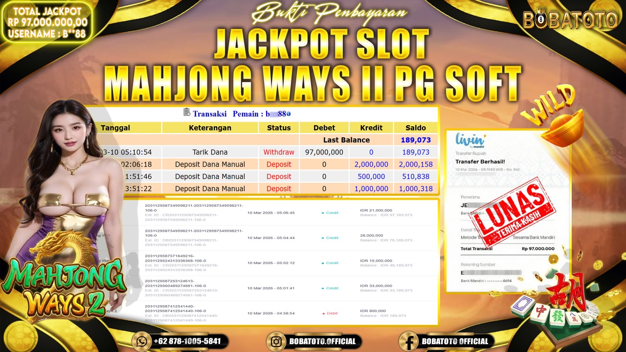BOBATOTO JACKPOT MAHJONG WAYS 2 PG SOFT Rp.97,000,000- LUNAS!!