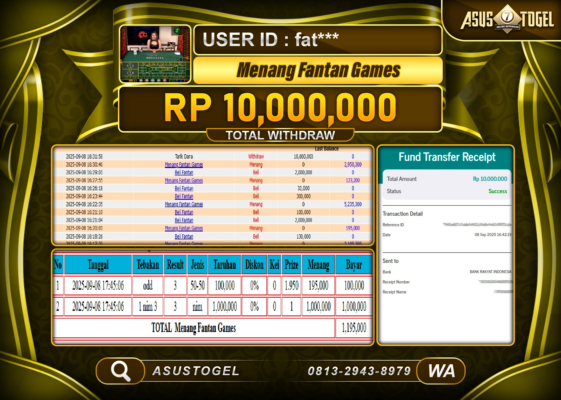 ASUSTOGEL KEMENANGAN DI LIVE GAMES FANTAN SEBESAR 10,000,000- RUPIAH LUNAS