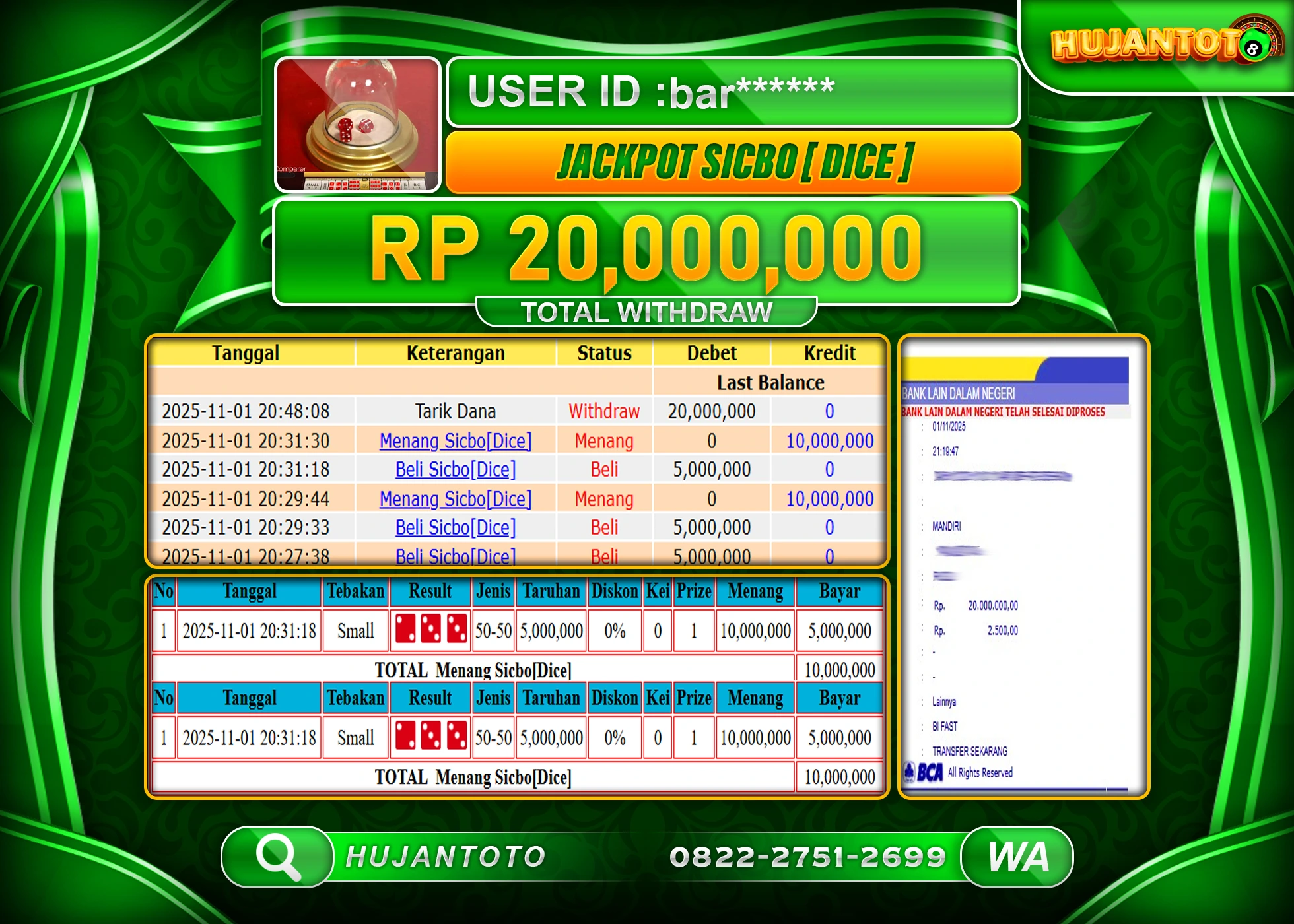 HUJANTOTO - BUKTI JACKPOT MENANG LIVEGAME SICBO [DICE] Rp.20,000,000 - TERBAYAR LUNAS