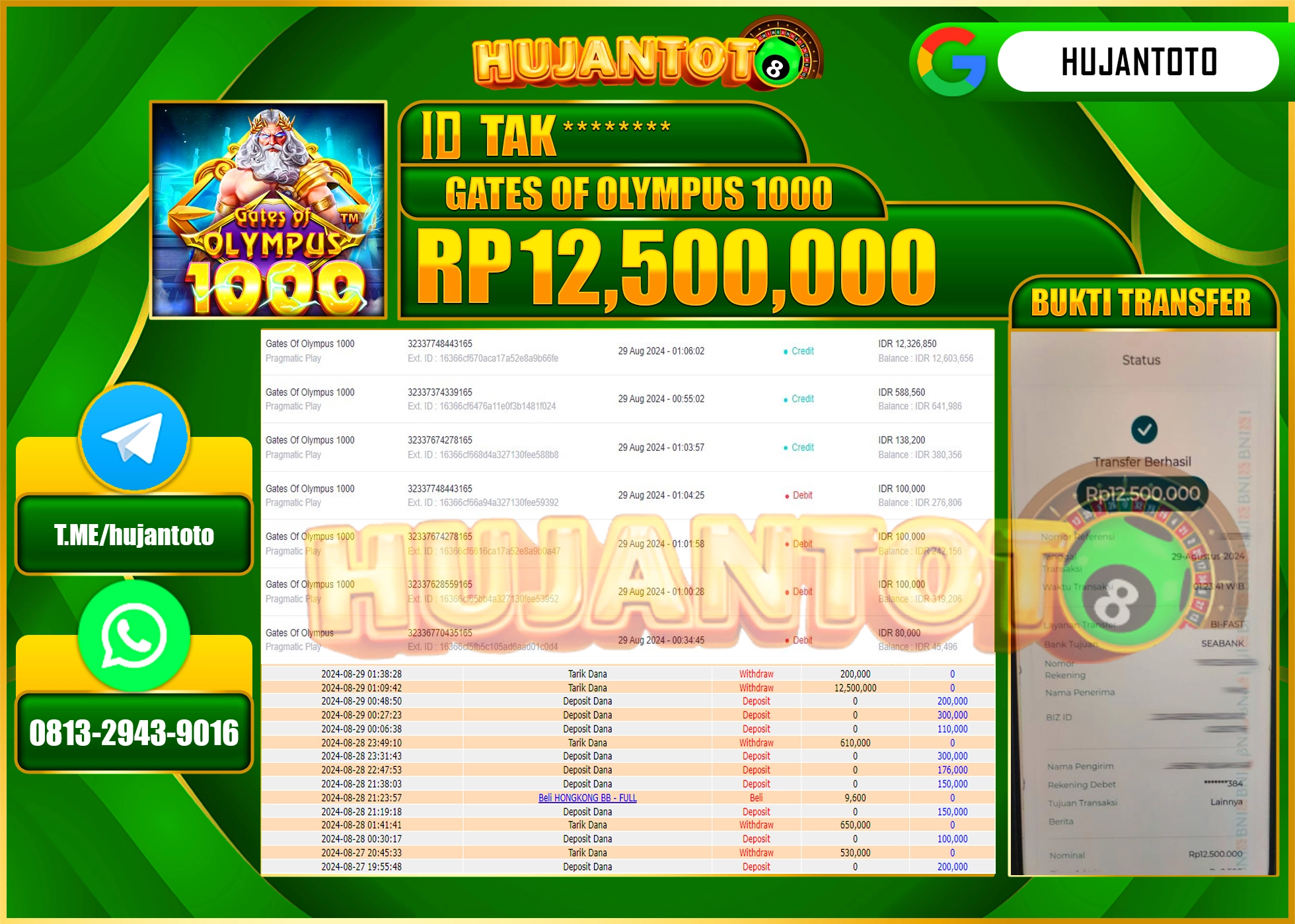 HUJANTOTO MENANG BESAR DI PERMAINAN GATES OF OYLMPUS 1000, 12.500.000 - LUNAS 
