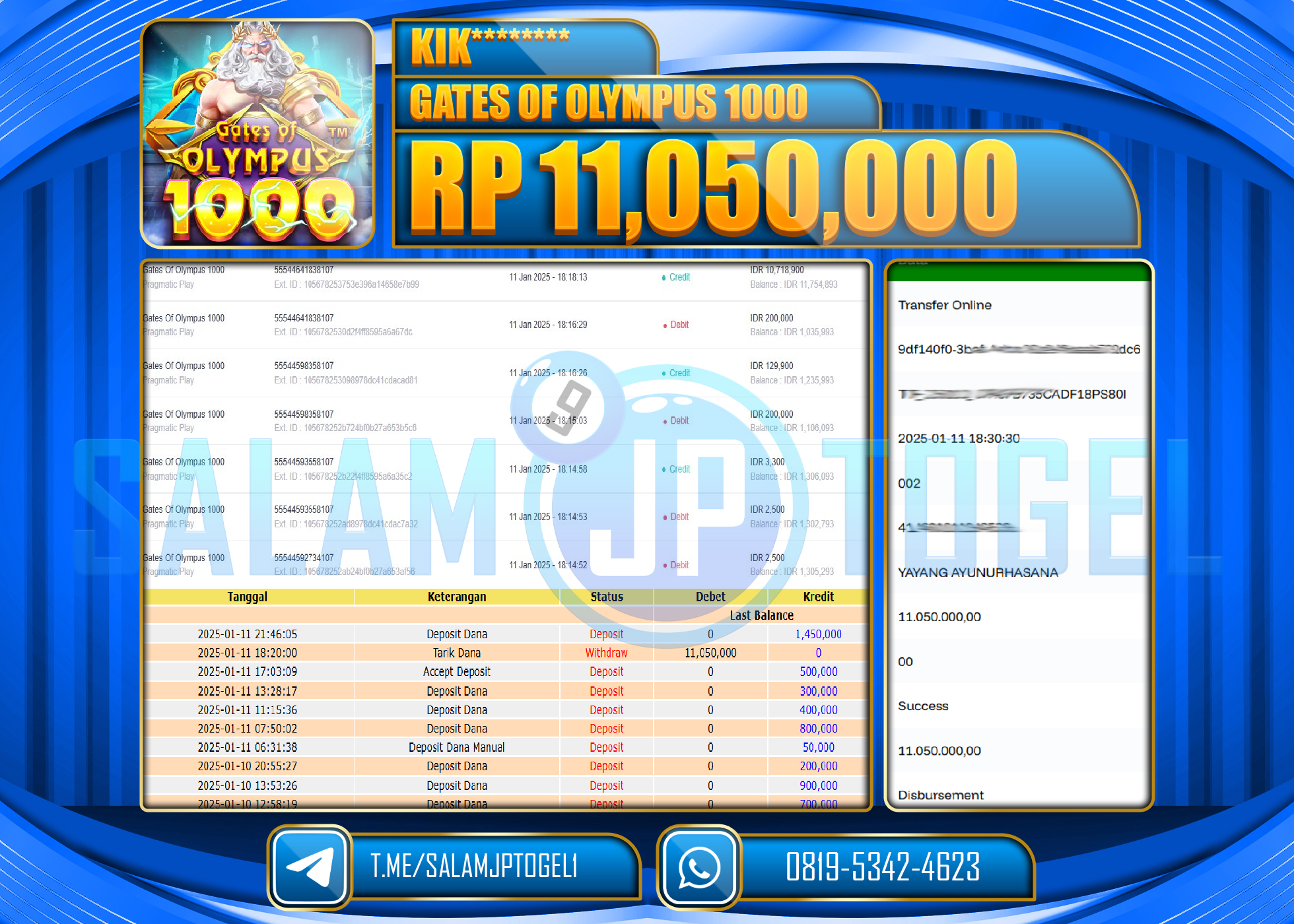 SALAMJPTOGEL MENANG GATES OF OLYMPUS 1000 Rp.11,050,000 LUNAS