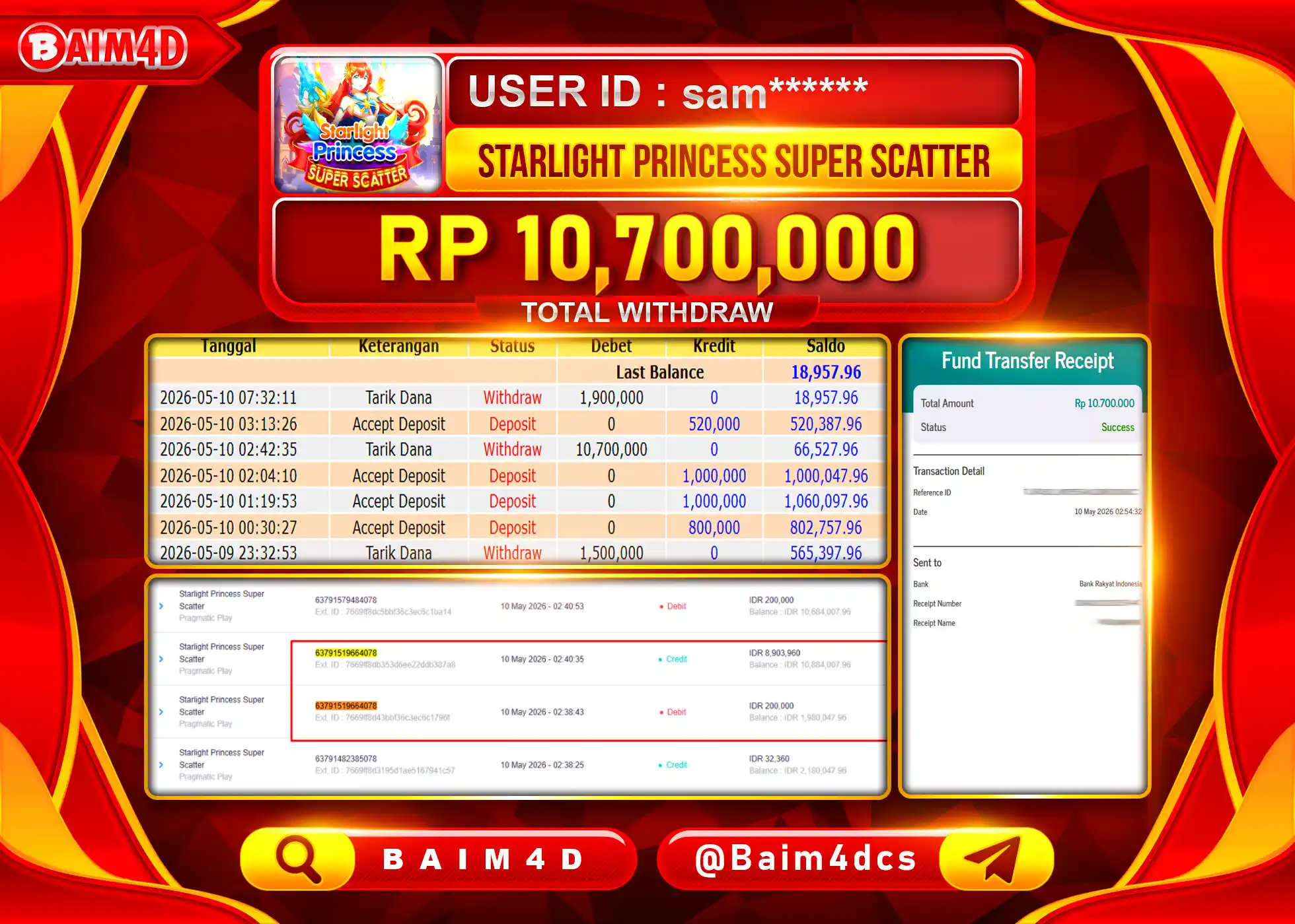BAIM4D JACKPOT STARLIGHT PRINCESS SUPER SCATTER Rp.10,700,000 - LUNAS