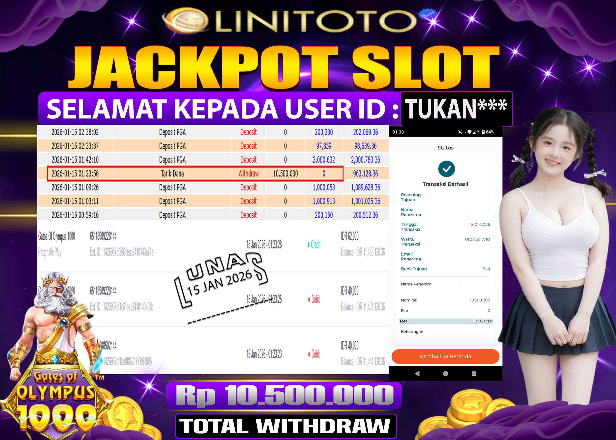 LINITOTO JACKPOT SLOT Gates Of Olympus 1000  Rp.10,500,000 - LUNAS
