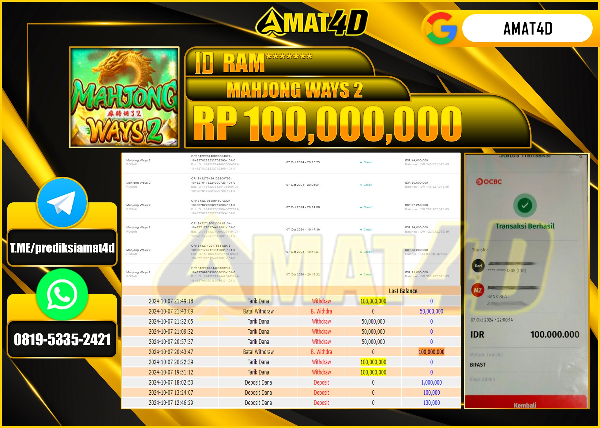 AMAT4D JACKPOT MAHJONG WAYS  2 Rp.100.000.000 BERHASIL DI BAYAR LUNAS