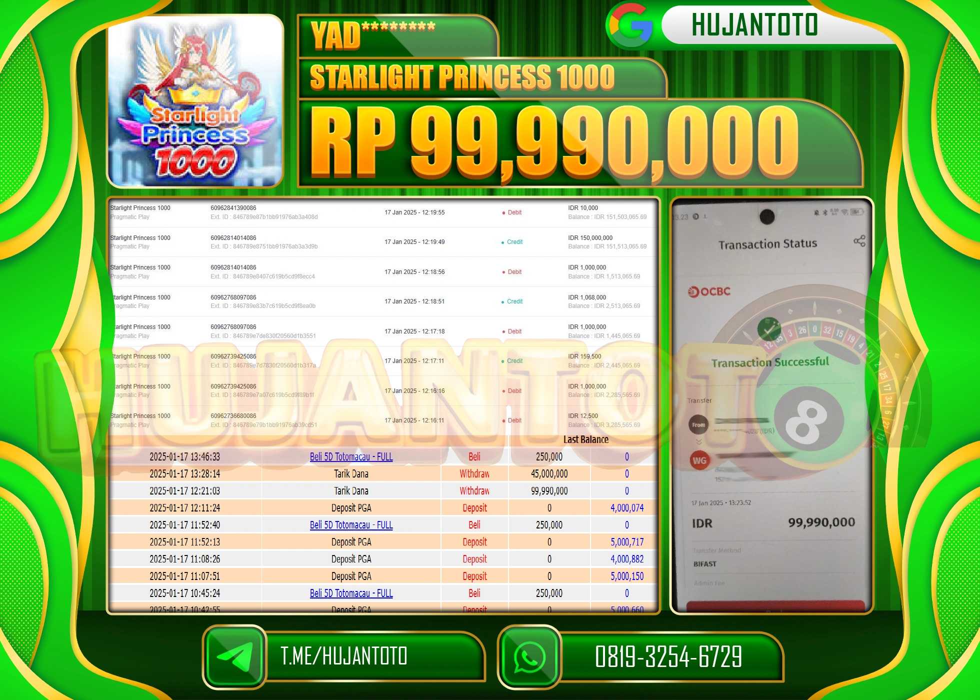 HUJANTOTO - BUKTI JACKPOT DI PERMAINAN STARLIGHT PRINCESS 1000 Rp,99,990,000 - TERBAYAR LUNAS