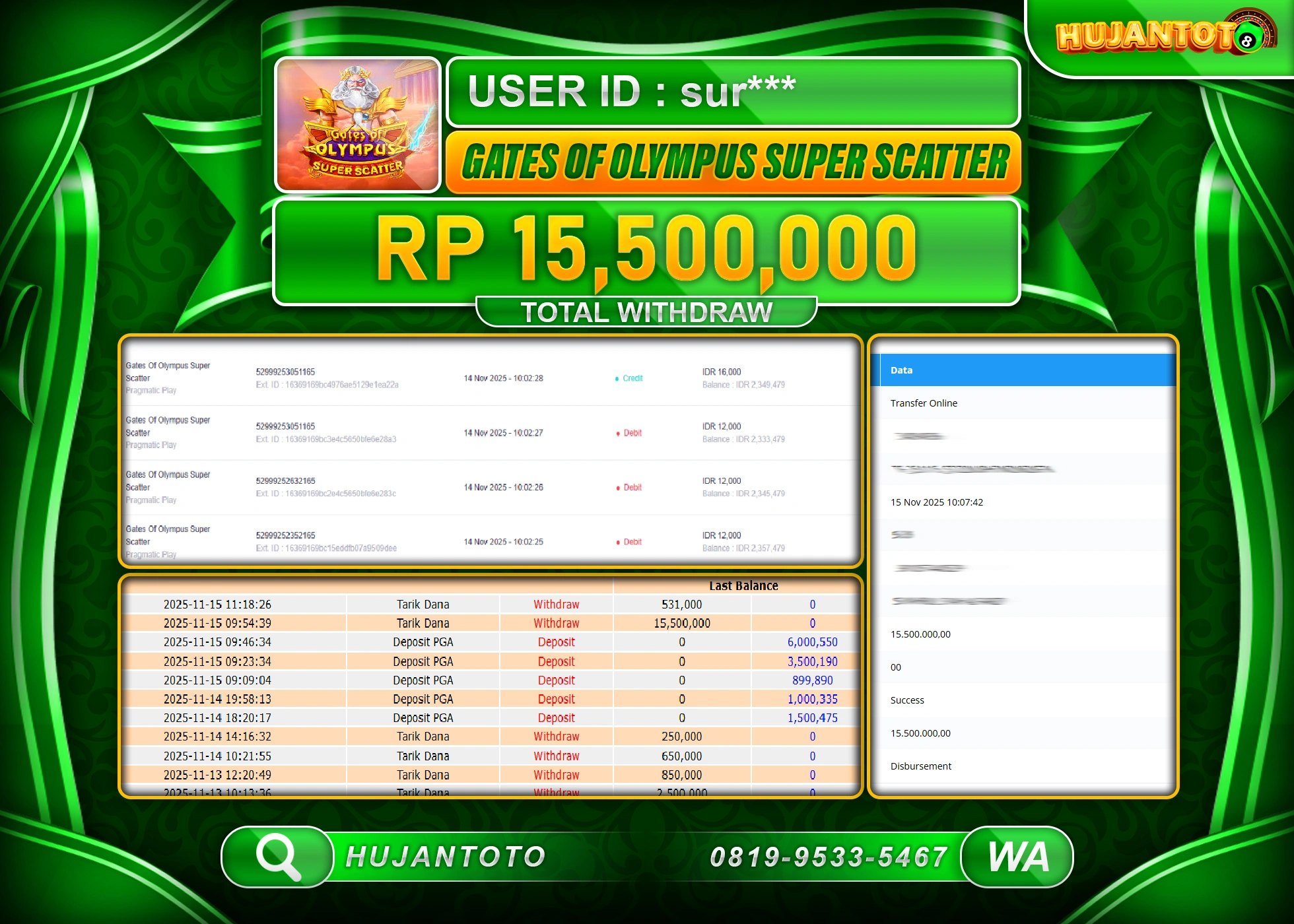 HUJANTOTO - BUKTI JACKPOT MENANG SLOT GATES OF OLYMPUS SUPER SCATTER Rp.15,500,000 - TERBAYAR LUNAS