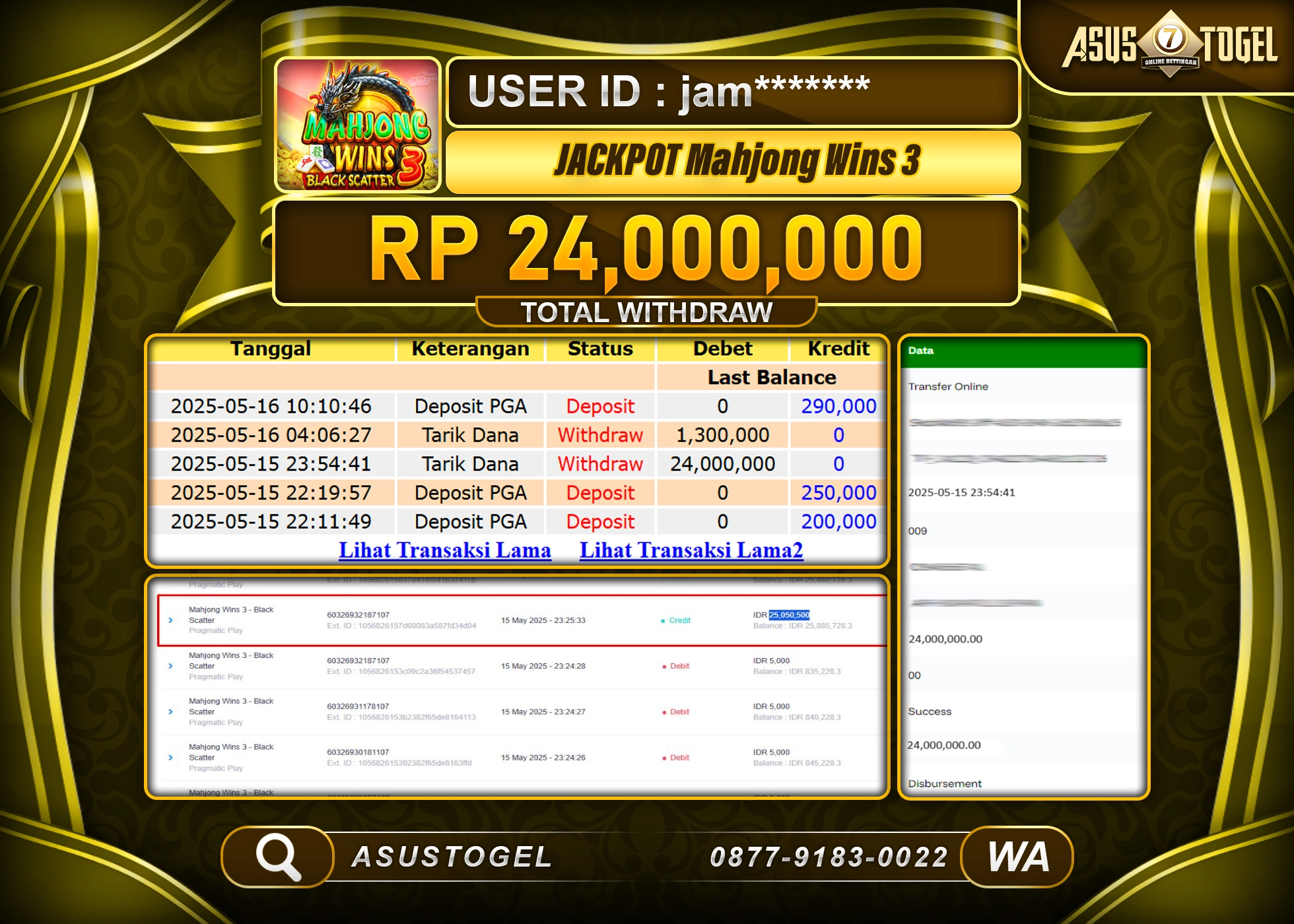 ASUSTOGEL KEMENANGAN DI SLOT MAHJONG WINS 3 SEBESAR 24,000,000- RUPIAH LUNAS