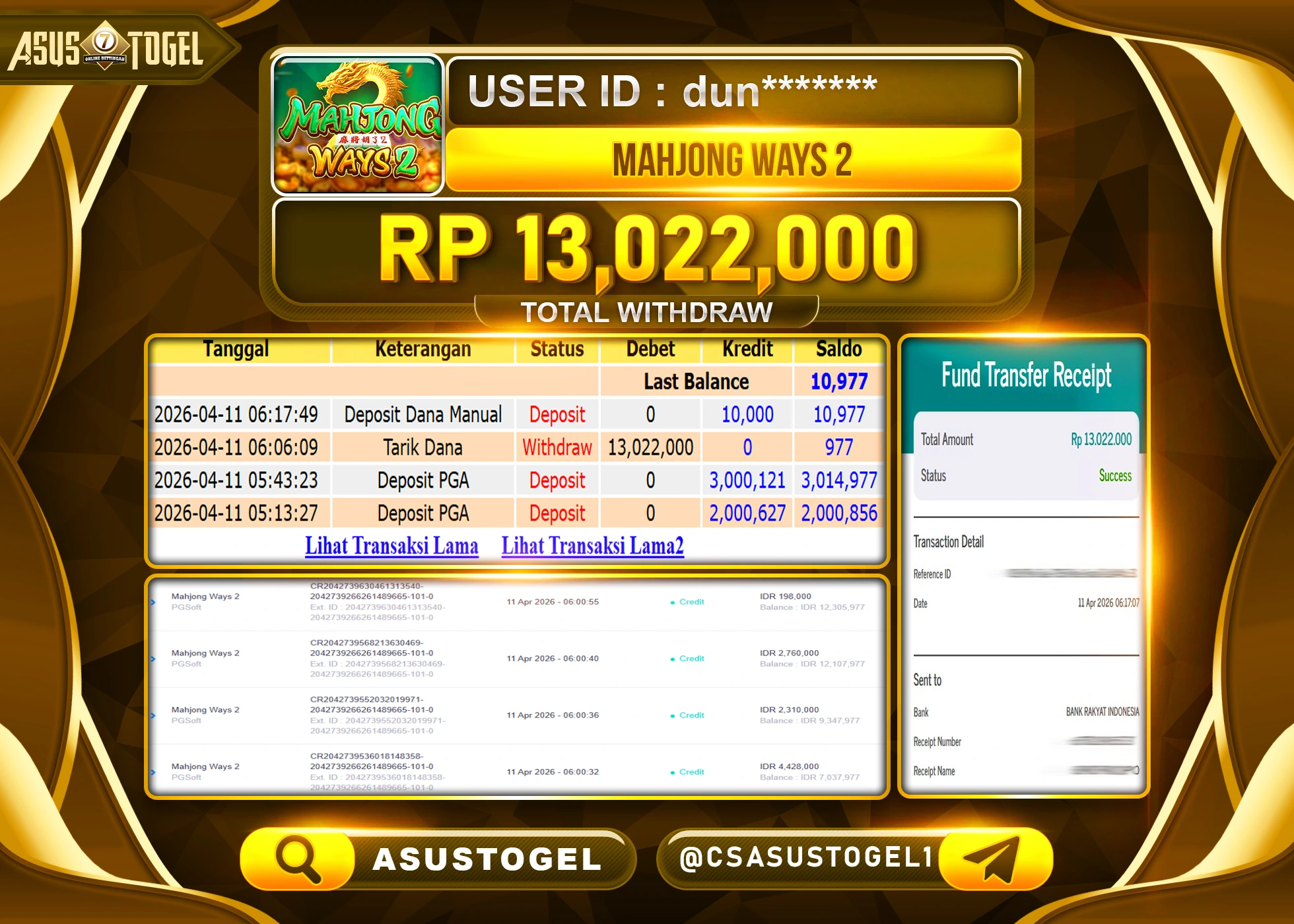 ASUSTOGEL KEMENANGAN JACKPOT DI PERMAINAN SLOT MAHJONG WAYS 2 SEBESAR Rp.13,022,000 - RUPIAH LUNAS