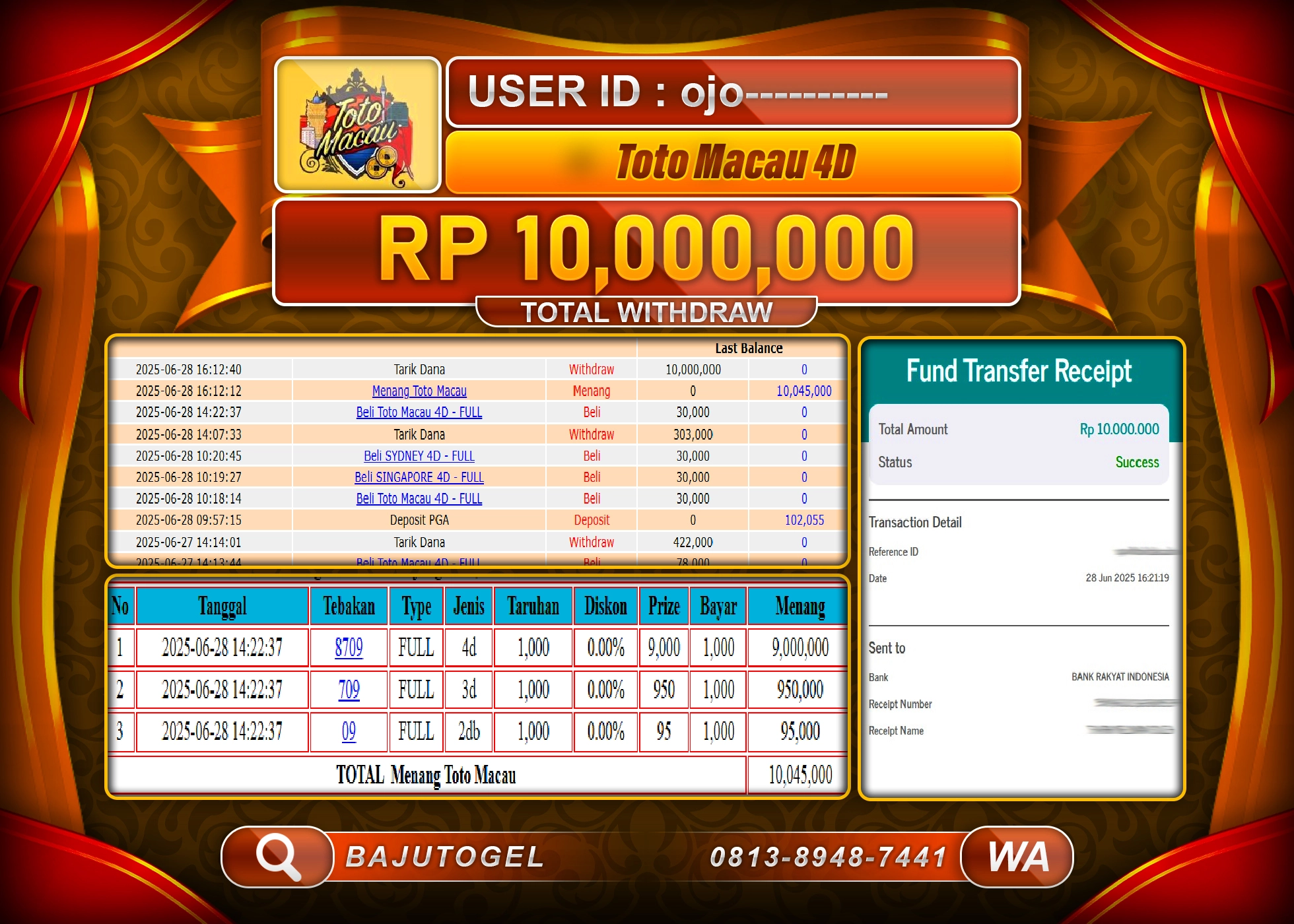 BAJUTOGEL KEMENANGAN  TOTO MACAU 4D Rp.10.000.000 LUNAS