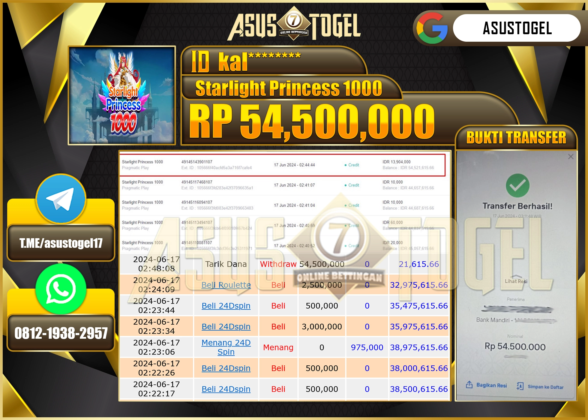 ASUSTOGEL KEMENANGAN STARLIGHT PRINCESS 1000 54,500,000-LUNAS