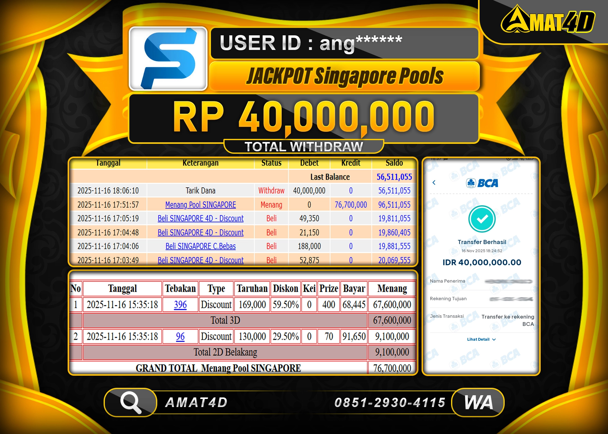 AMAT4D KEMENANGAN JACKPOT SINGAPORE POOLS Rp.40.000.000 BERHASIL TERBAYAR LUNAS