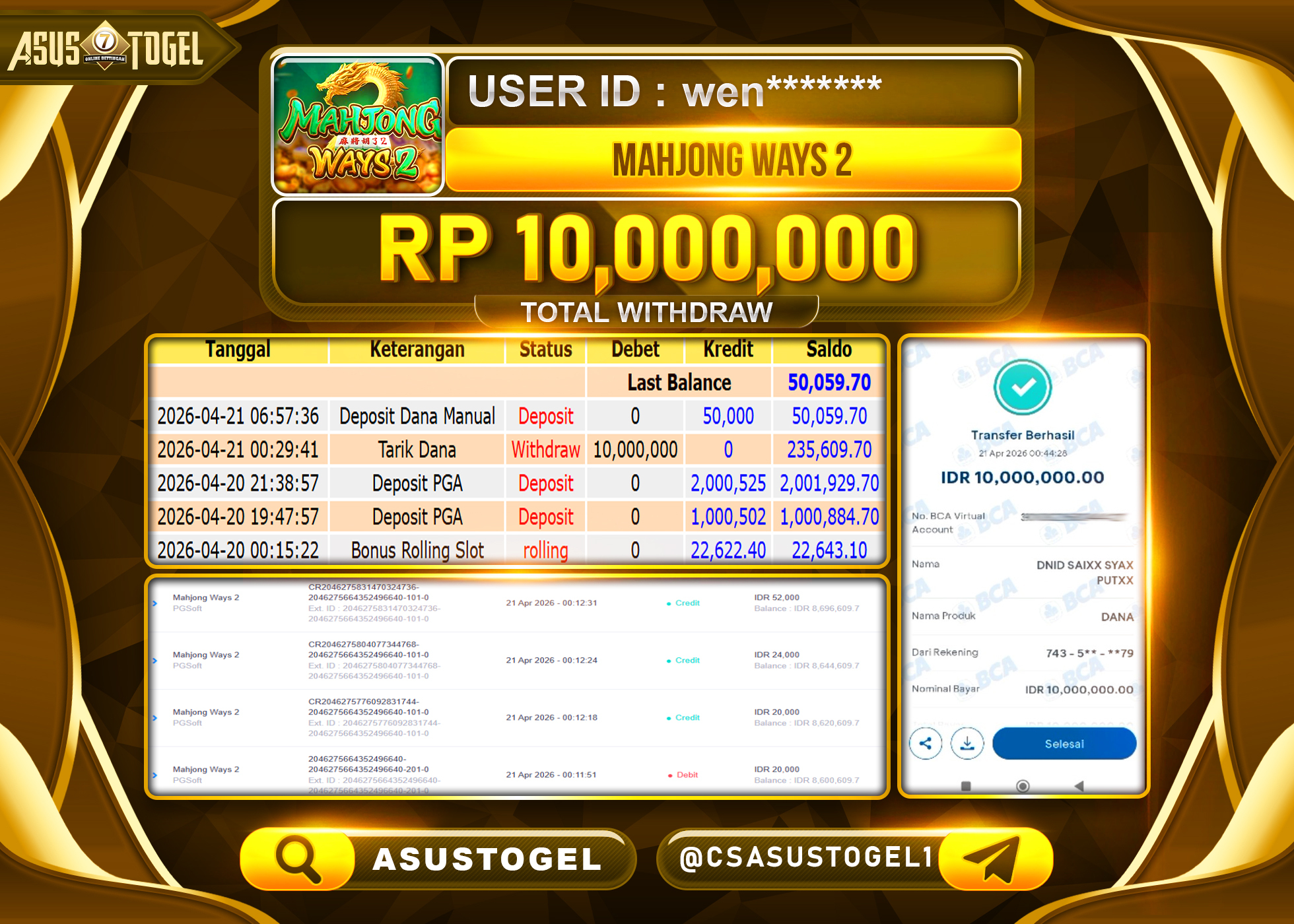 ASUSTOGEL KEMENANGAN JACKPOT DI PERMAINAN MAHJONG WAYS 2 SEBESAR Rp.10,000,000 - RUPIAH LUNAS