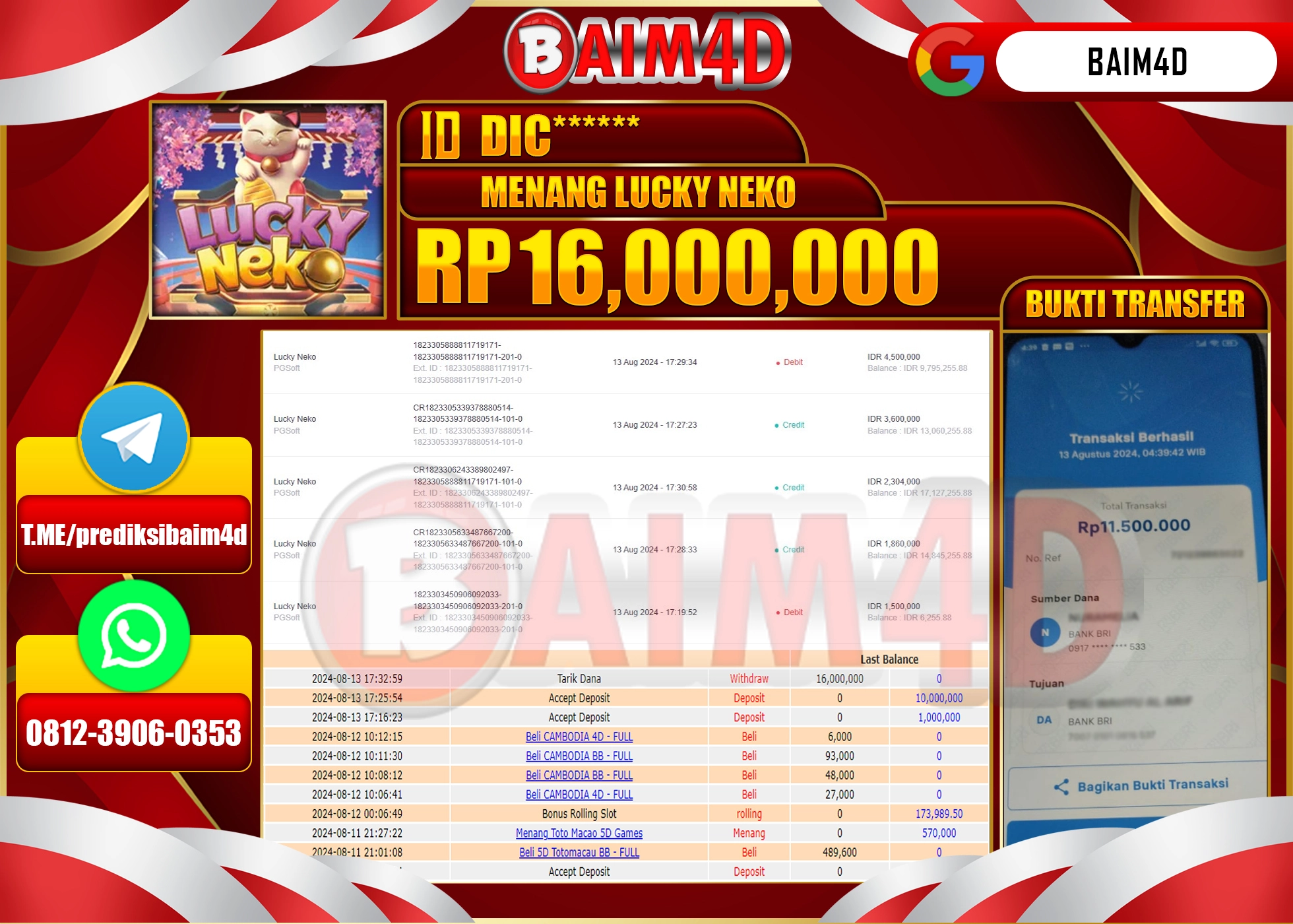 BAIM4D JACKPOT PG SOFT LUCKY NEKO Rp.16.000,000.- LUNAS