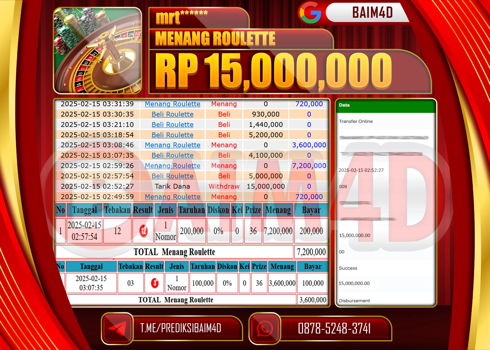 BAIM4D MENANG  MENANG ROULLETE GAMES   Rp.15.000,000.