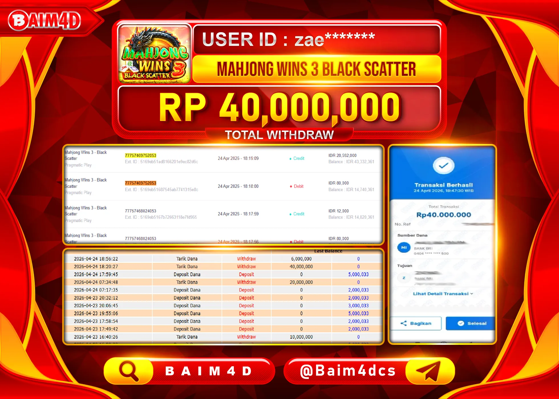 BAIM4D JACKPOT MAHYONG WAYS 3 BLACK SCATTER Rp.40,000,000 - LUNAS