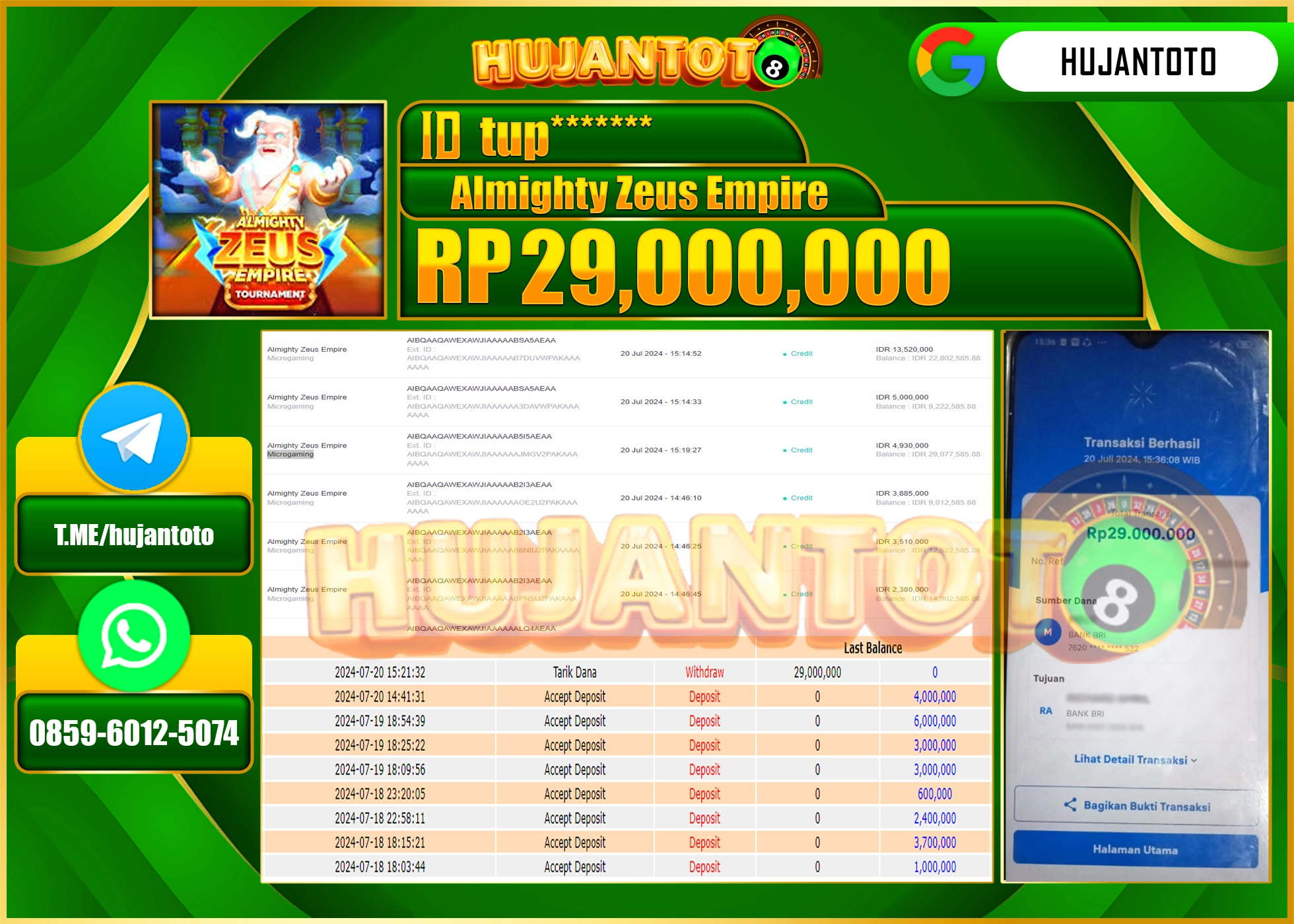 HUJANTOTO MENANG SLOT ALMIGHTY ZEUS EMPIRE 29.000.000 - LUNAS 