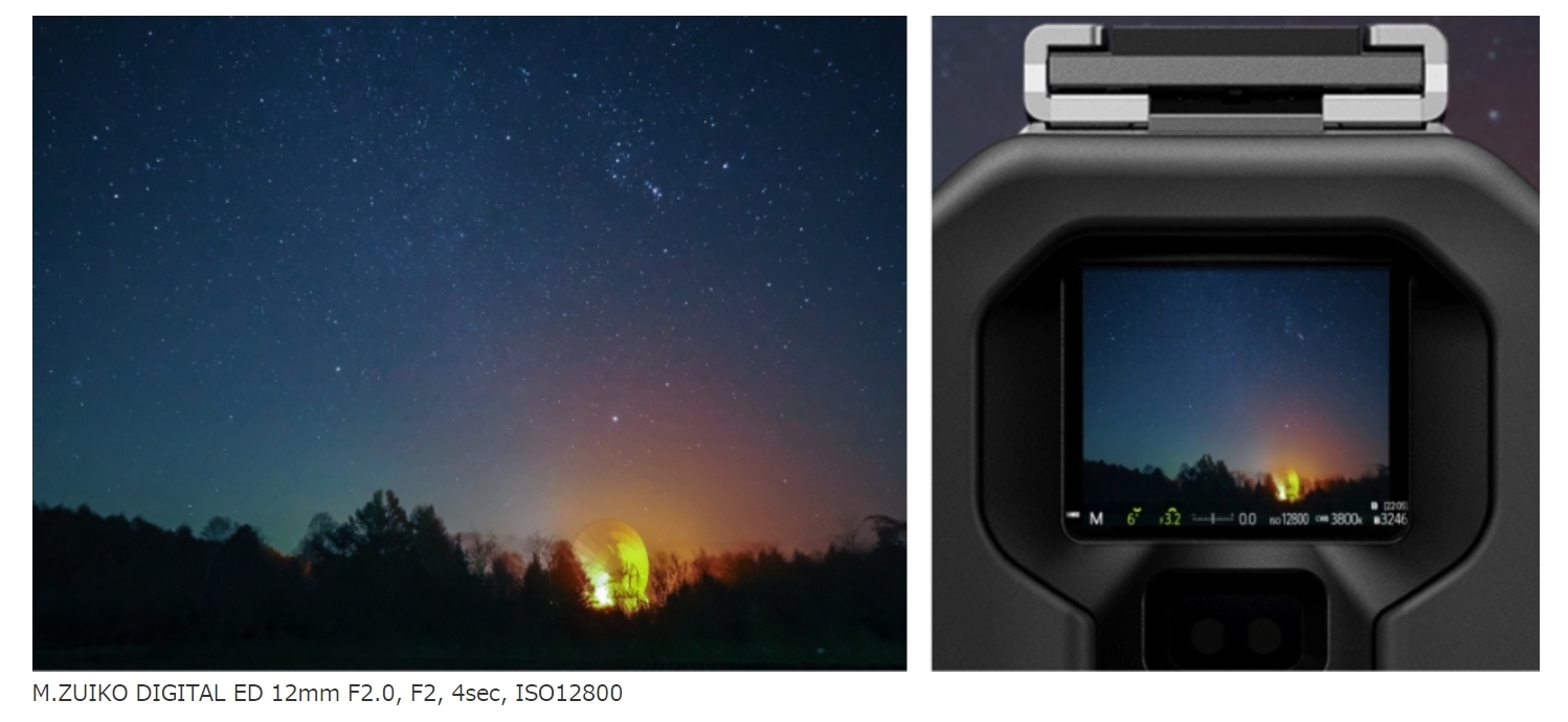 夜空に輝く星々と地平線付近の光を捉えた風景写真。下部にレンズ名やISO感度などの撮影データ。右側に、同じ風景をミラーレスカメラの背面液晶で見ている