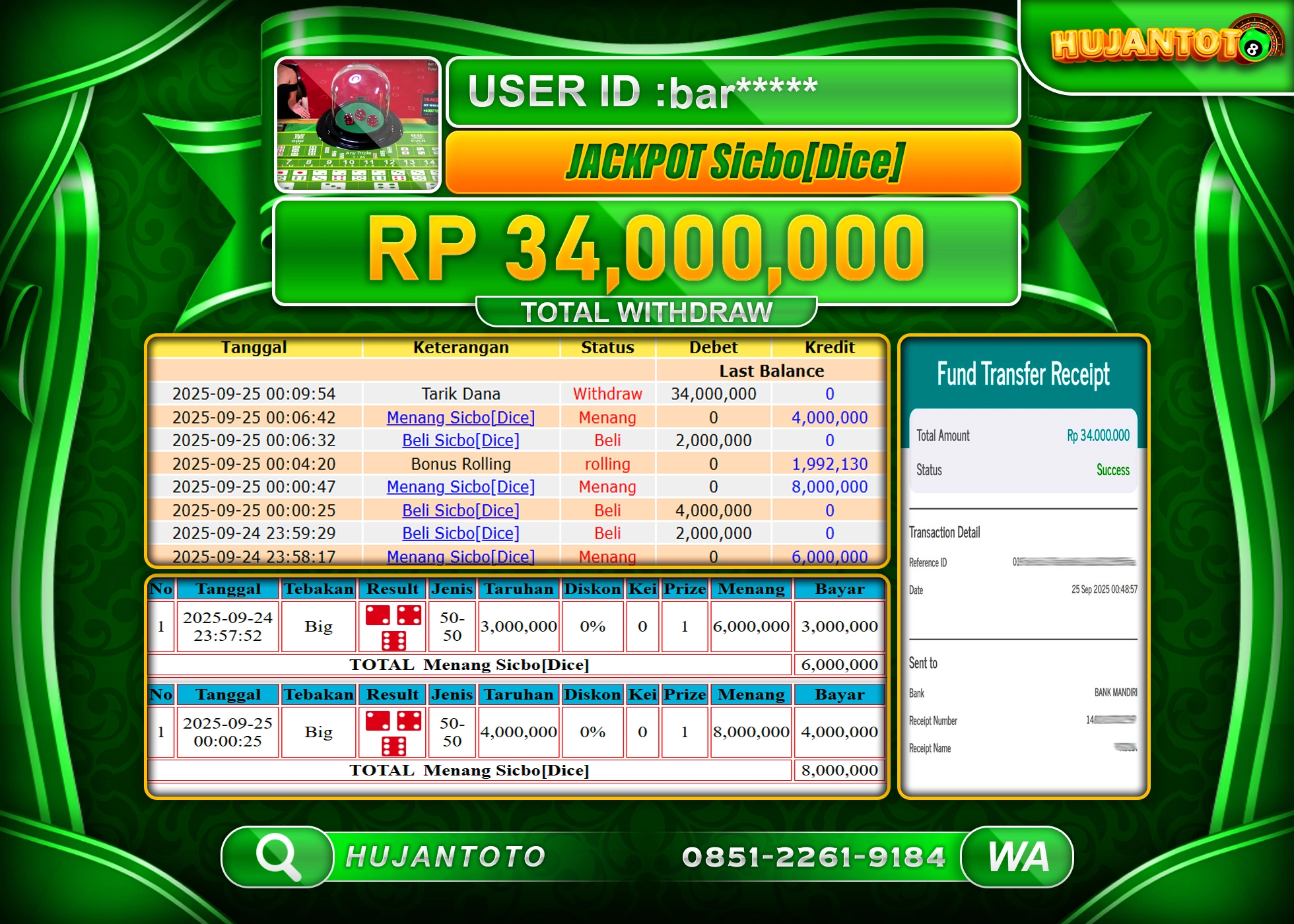 HUJANTOTO - BUKTI JACKPOT MENANG LIVE GAMES SICBO DICE Rp.34,000,000 - TERBAYAR LUNAS