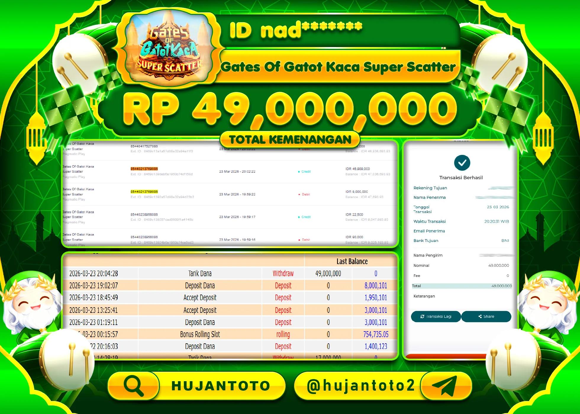 HUJANTOTO - BUKTI JACKPOT MENANG SLOT GATES  OF GATOT KACA SUPER SCATER Rp.49,000,000 - TERBAYAR LUNAS