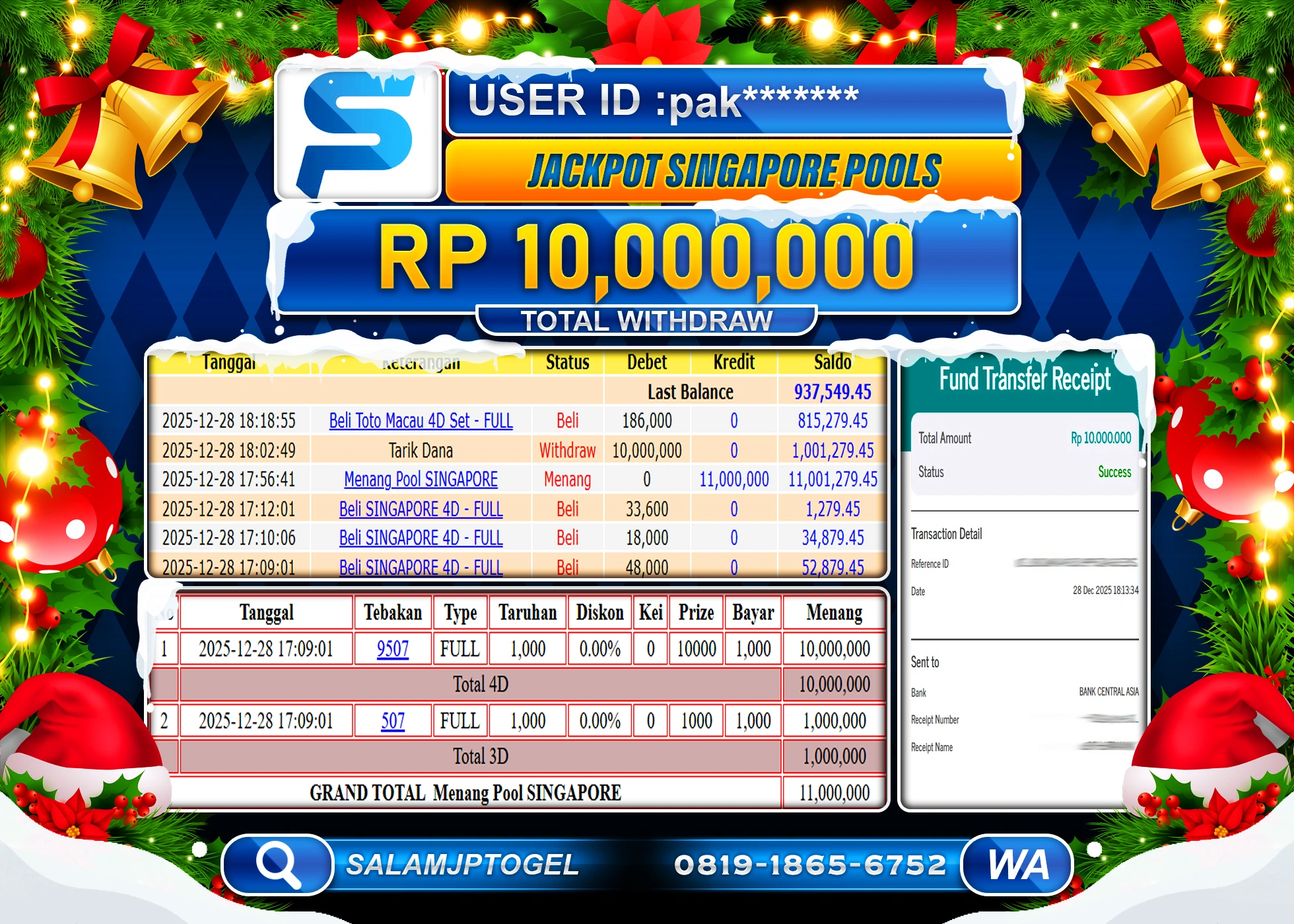 SALAMJPTOGEL JACKPOT TOGEL SINGAPORE POOLS GAMES Rp.10.000.000 - LUNAS