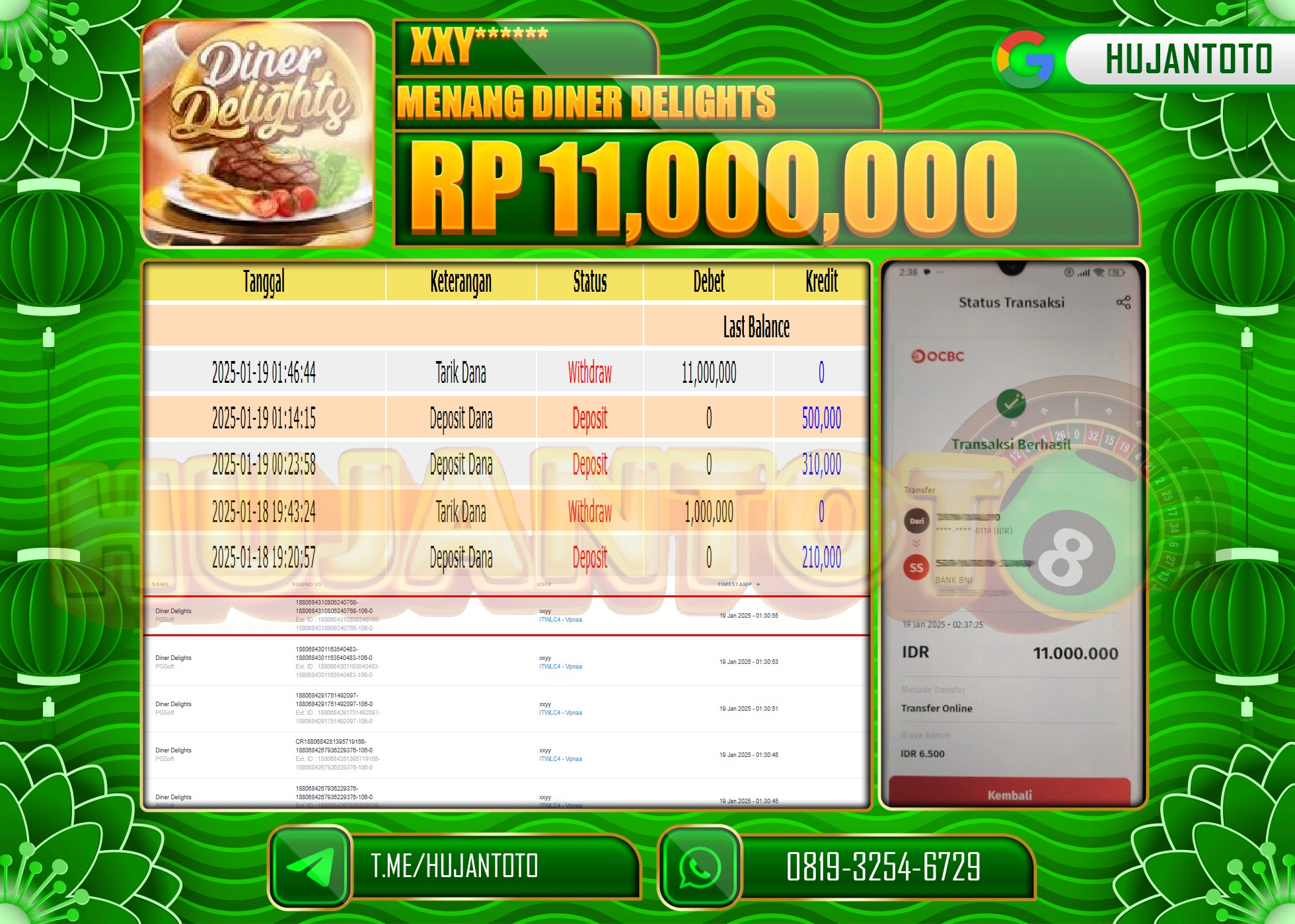HUJANTOTO - BUKTI JACKPOT DI PERMAINAN SLOT DINER DELIGHTS Rp,11,000,000 - TERBAYAR LUNAS