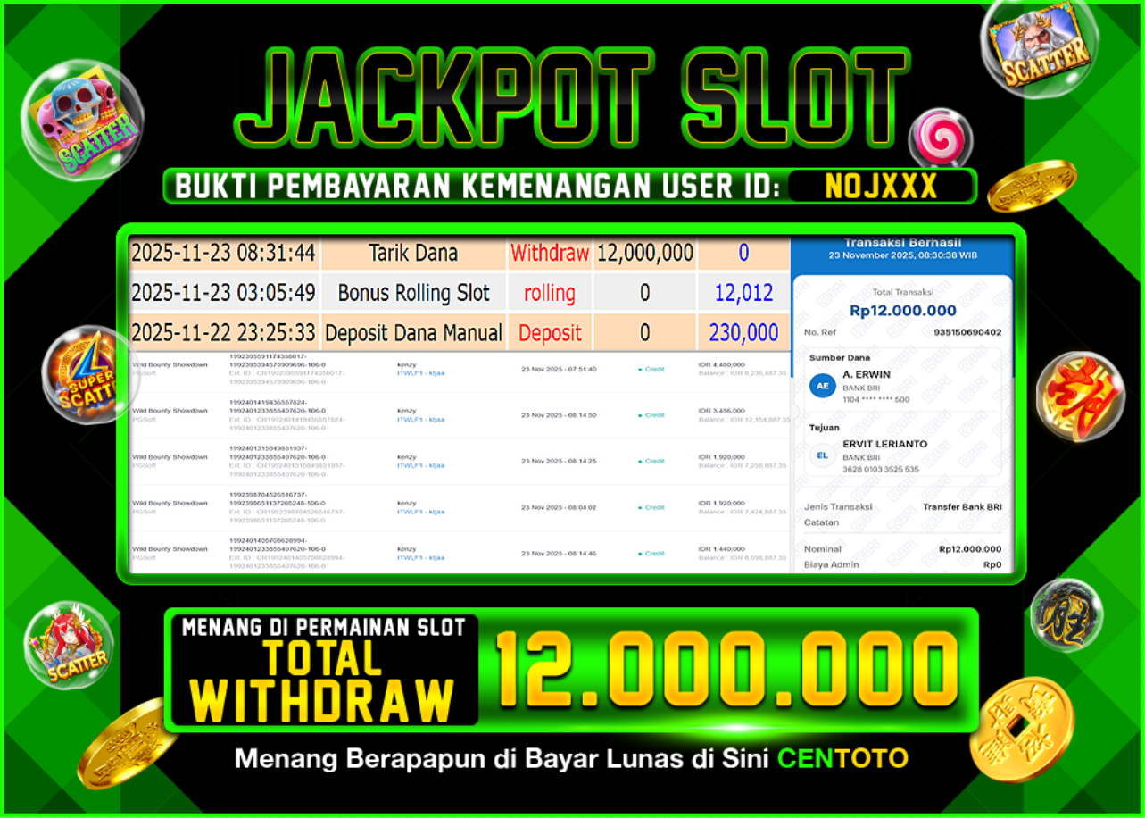 BUKTI JACKPOT SLOT CENTOTO  RP.12.000.000,-LUNAS