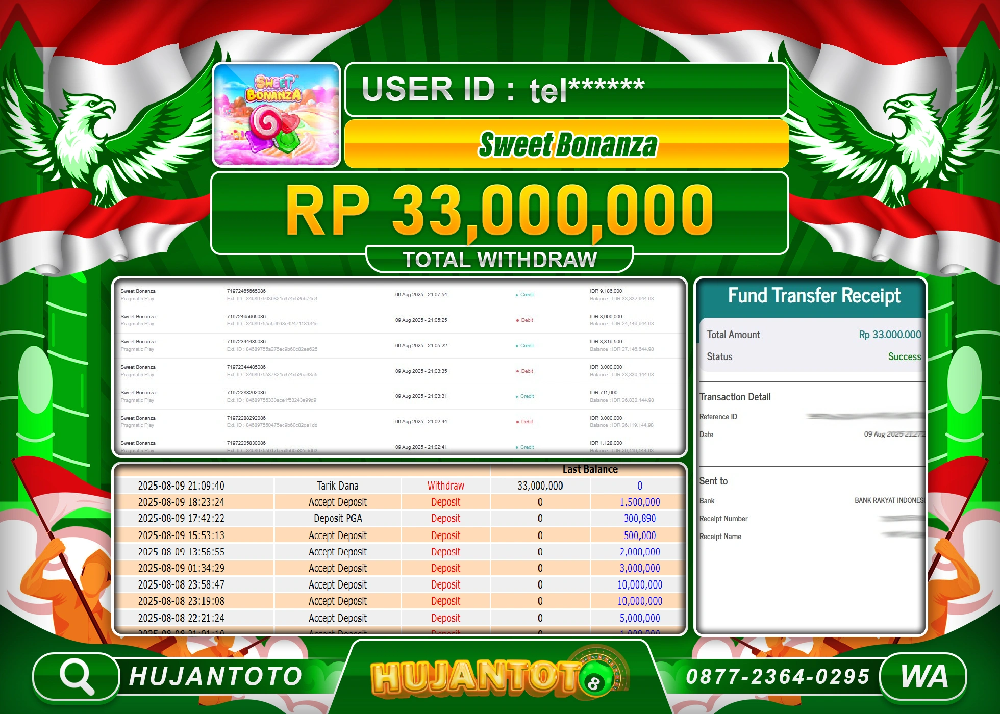 HUJANTOTO - BUKTI JACKPOT MENANG SLOT SWEET BONANZA Rp.33,000,000 - TERBAYAR LUNAS