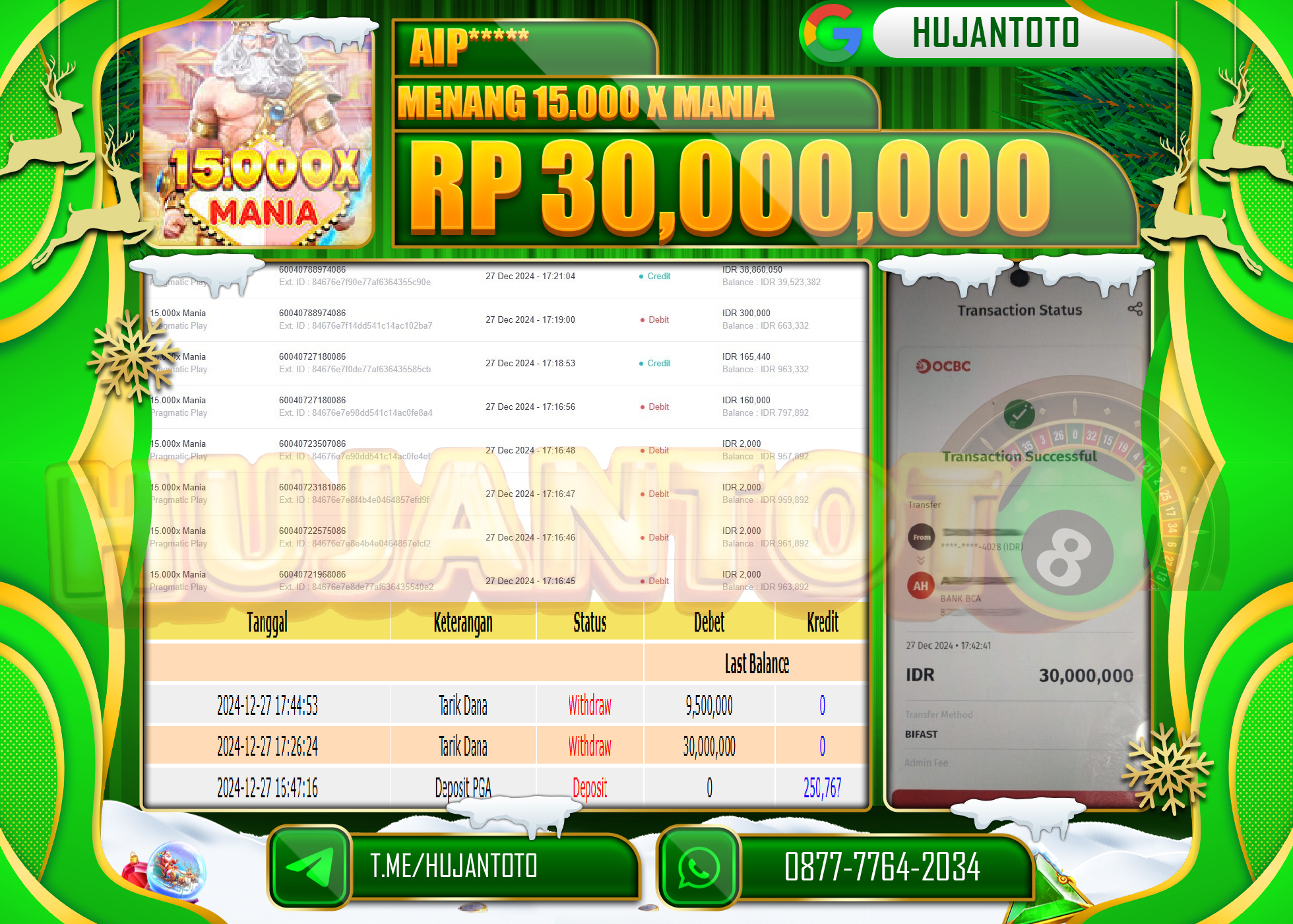 HUJANTOTO SELAMAT ATAS KEMENANGAN YANG DI RAIH DI PERMAINAN SLOT 15.000 X MANIA SEBESAR 30,000,000 - TERBAYAR LUNAS