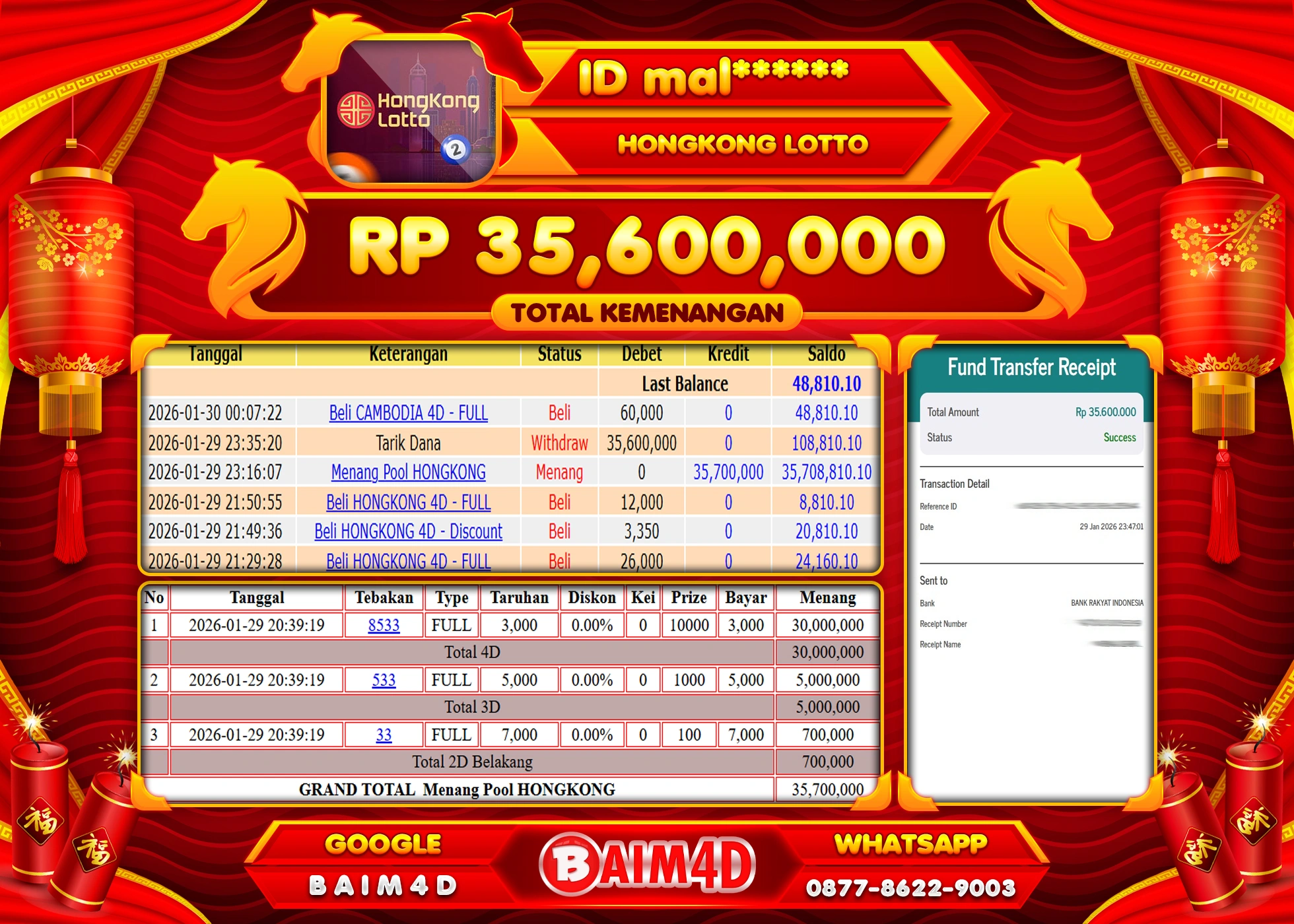 BAIM4D JACKPOT TOGEL HONGKONG LOTTO Rp.35,600,000 - LUNAS