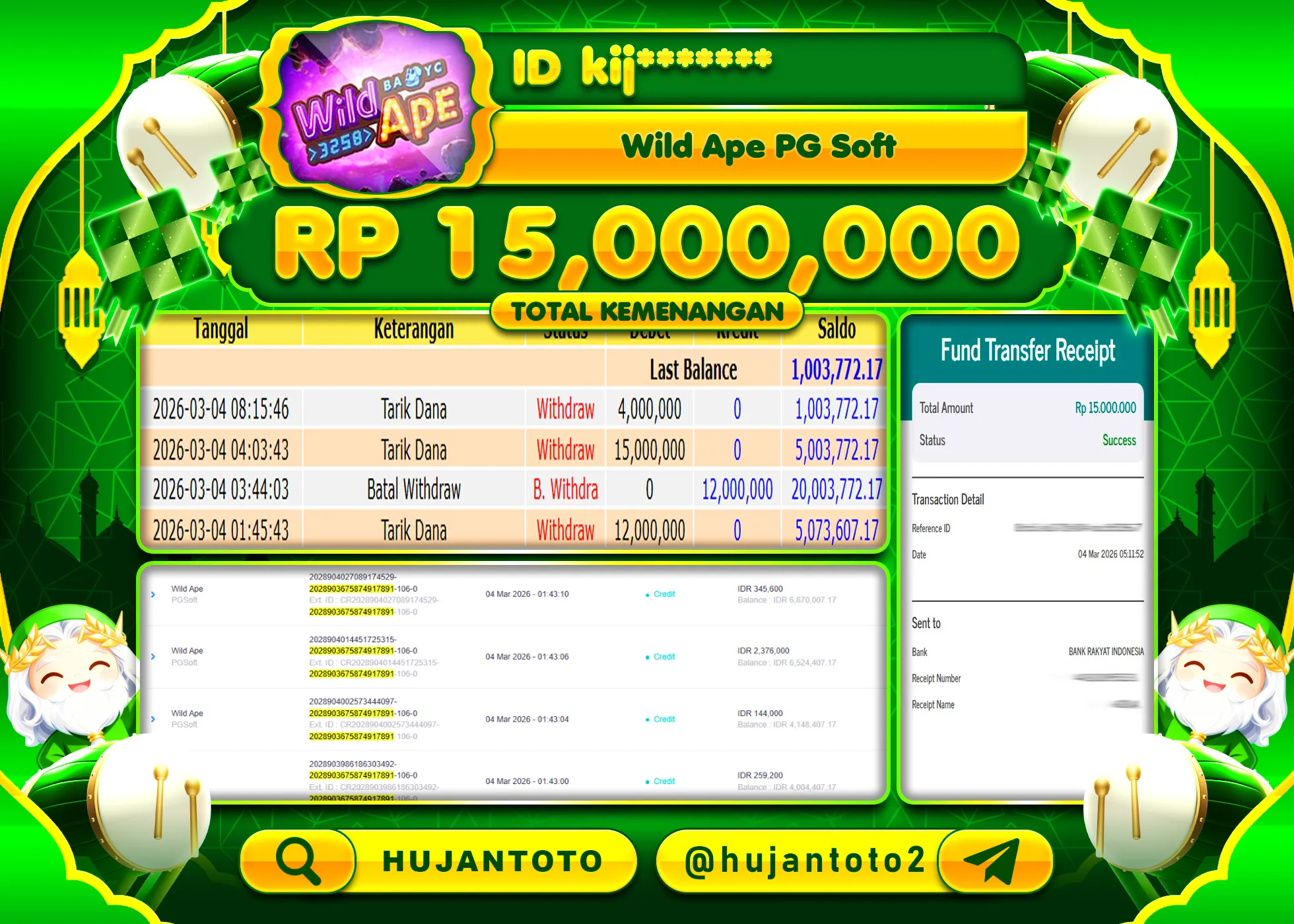HUJANTOTO - BUKTI JACKPOT MENANG SLOT WILD APE PGSOFT Rp.15,000,000 - TERBAYAR LUNAS