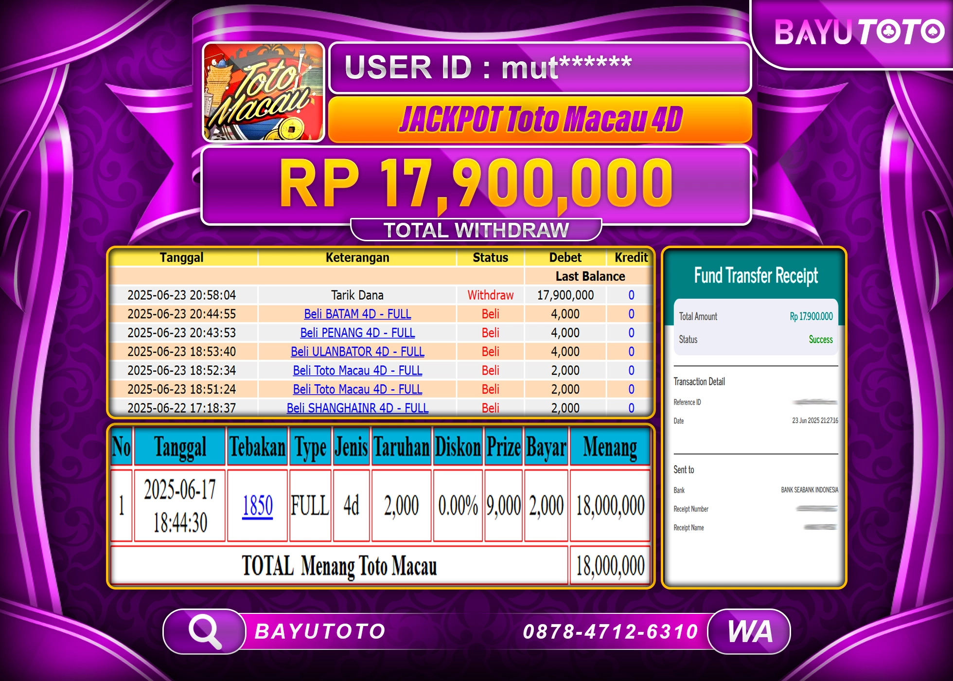 BAYUTOTO JACKPOT DI TOGEL TOTO MACAU 5D Rp.17,900,000 LUNAS