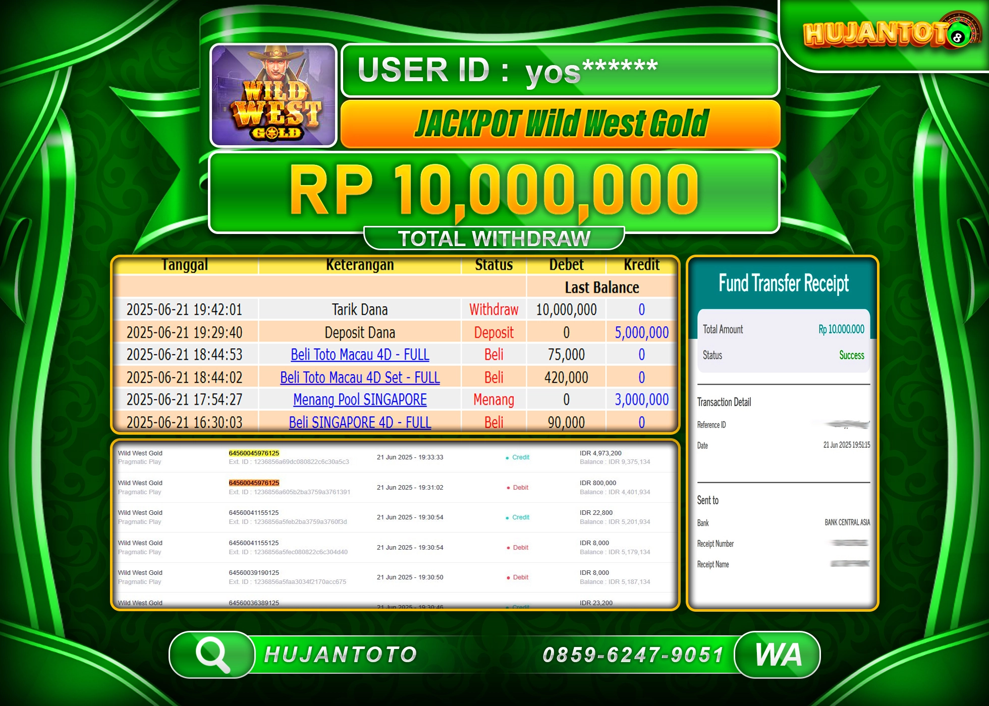 HUJANTOTO - BUKTI JACKPOT MENANG DI GAME SLOTWILD WEST GOLD Rp.10,000,000 - TERBAYAR LUNAS