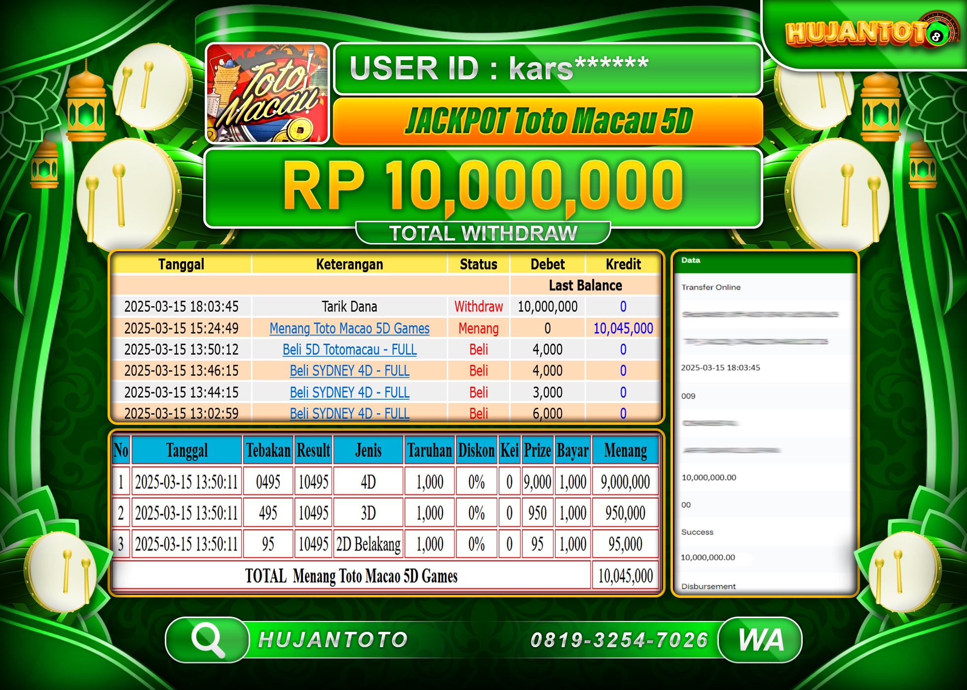 HUJANTOTO - BUKTI JACKPOT MENANG DI GAME TOTO MACAU 5D , Rp,10,000,000 - TERBAYAR LUNAS