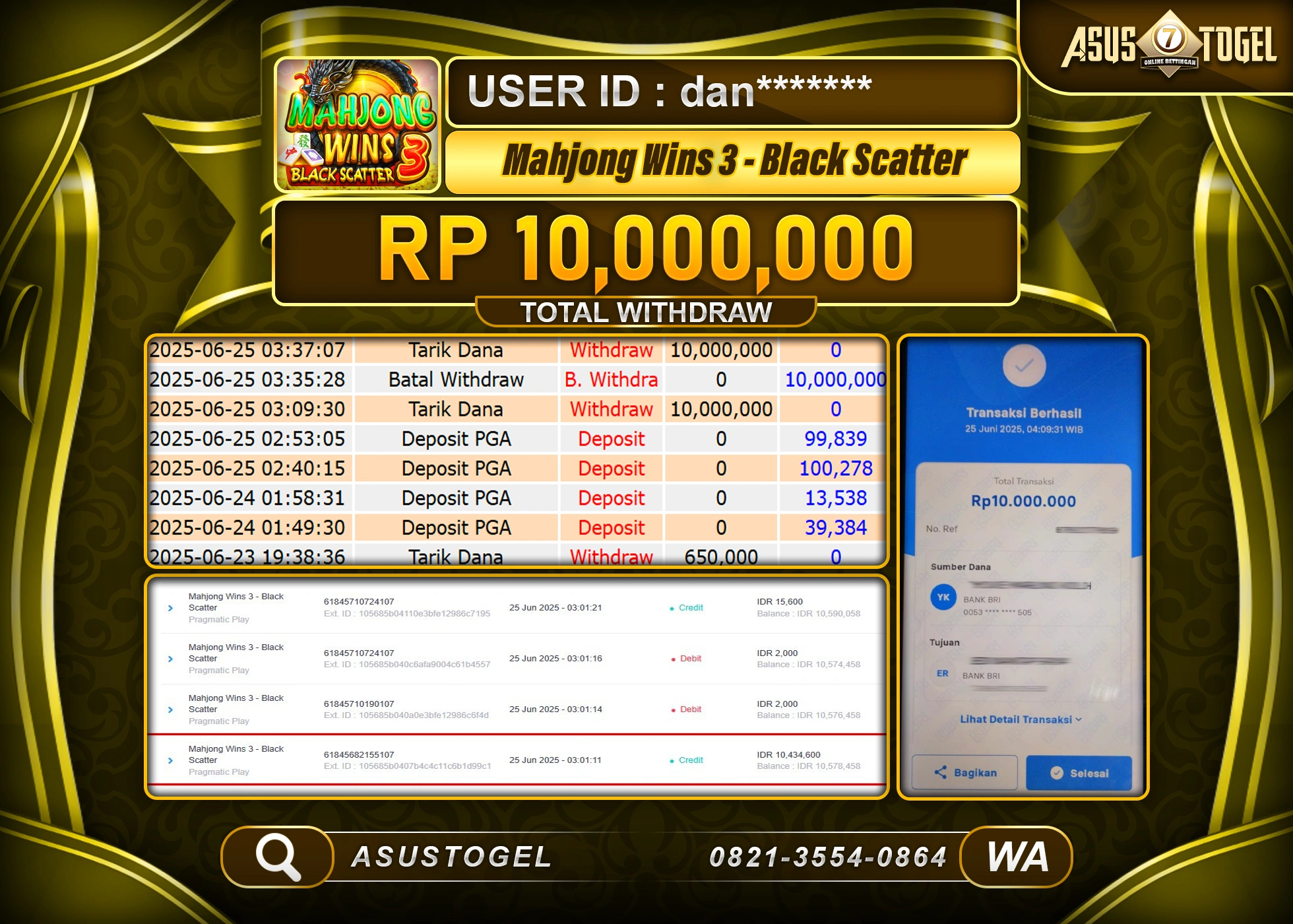 ASUSTOGEL KEMENANGAN DI SLOT MAHJONG WINS 3 BLACK SCATTER SEBESAR 10,000,000- RUPIAH LUNAS