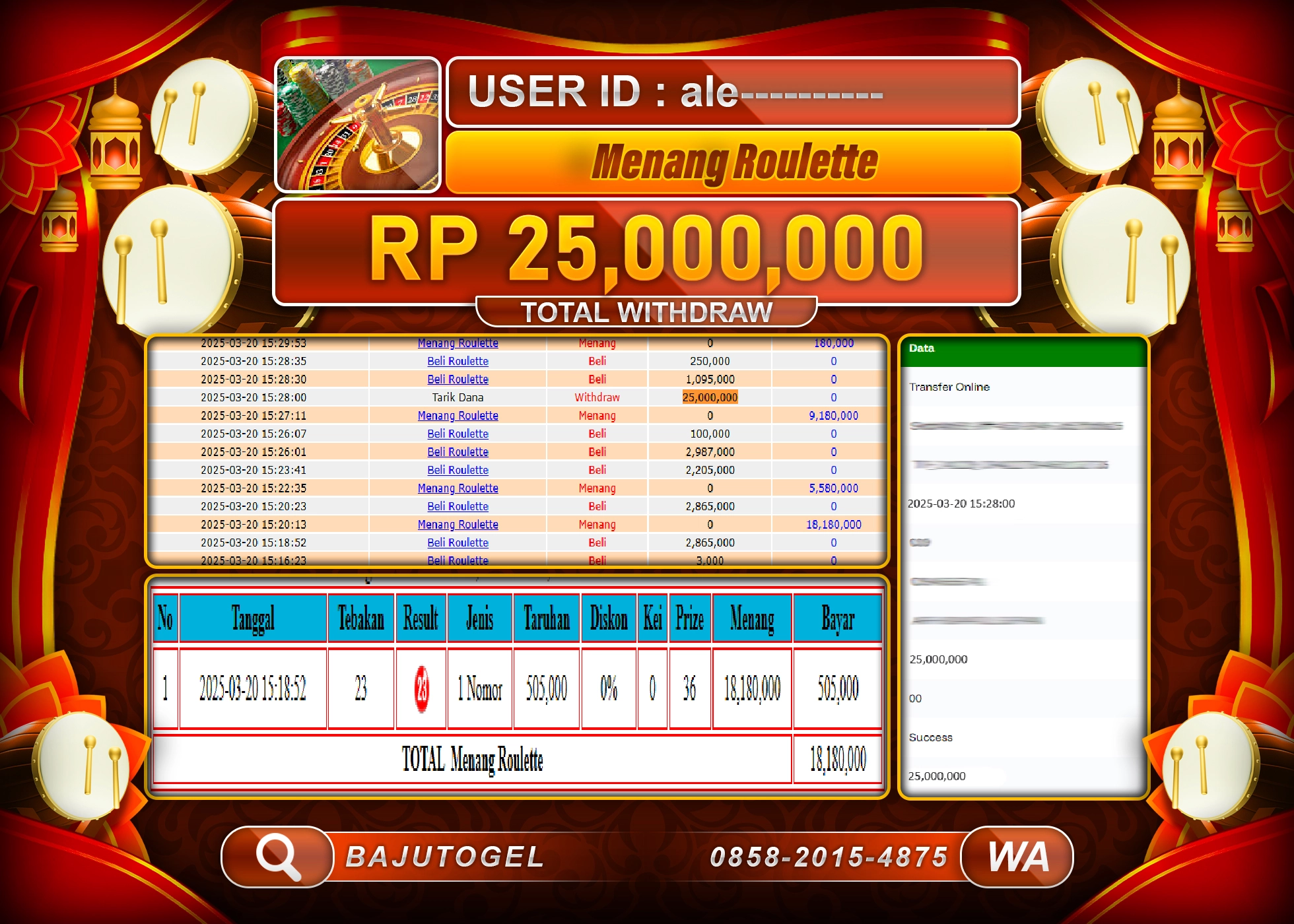 BAJUTOGEL KEMENANGAN ROULETTE Rp.25.000.000 LUNAS