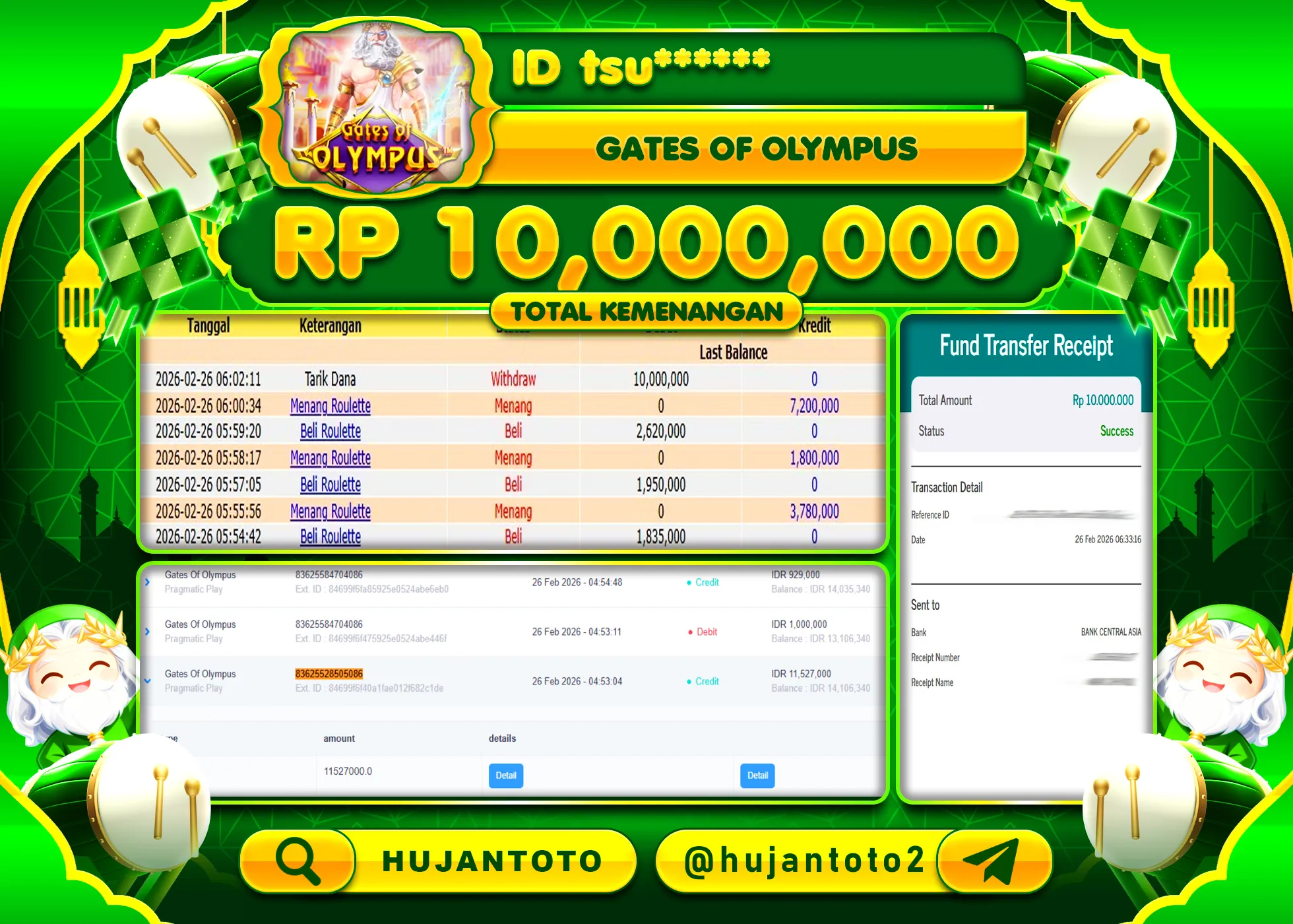 HUJANTOTO - BUKTI JACKPOT MENANG SLOT GATES OF OLYMPUS Rp.10,000,000 - TERBAYAR LUNAS