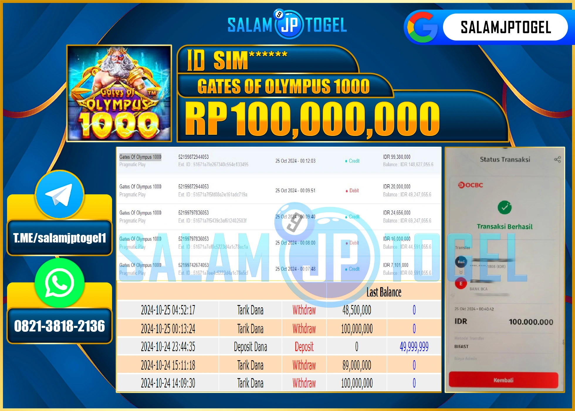 SALAMJPTOGEL MENANG SLOT GATES OF OLYMPUS 1000 RP. 100,000,000 LUNAS